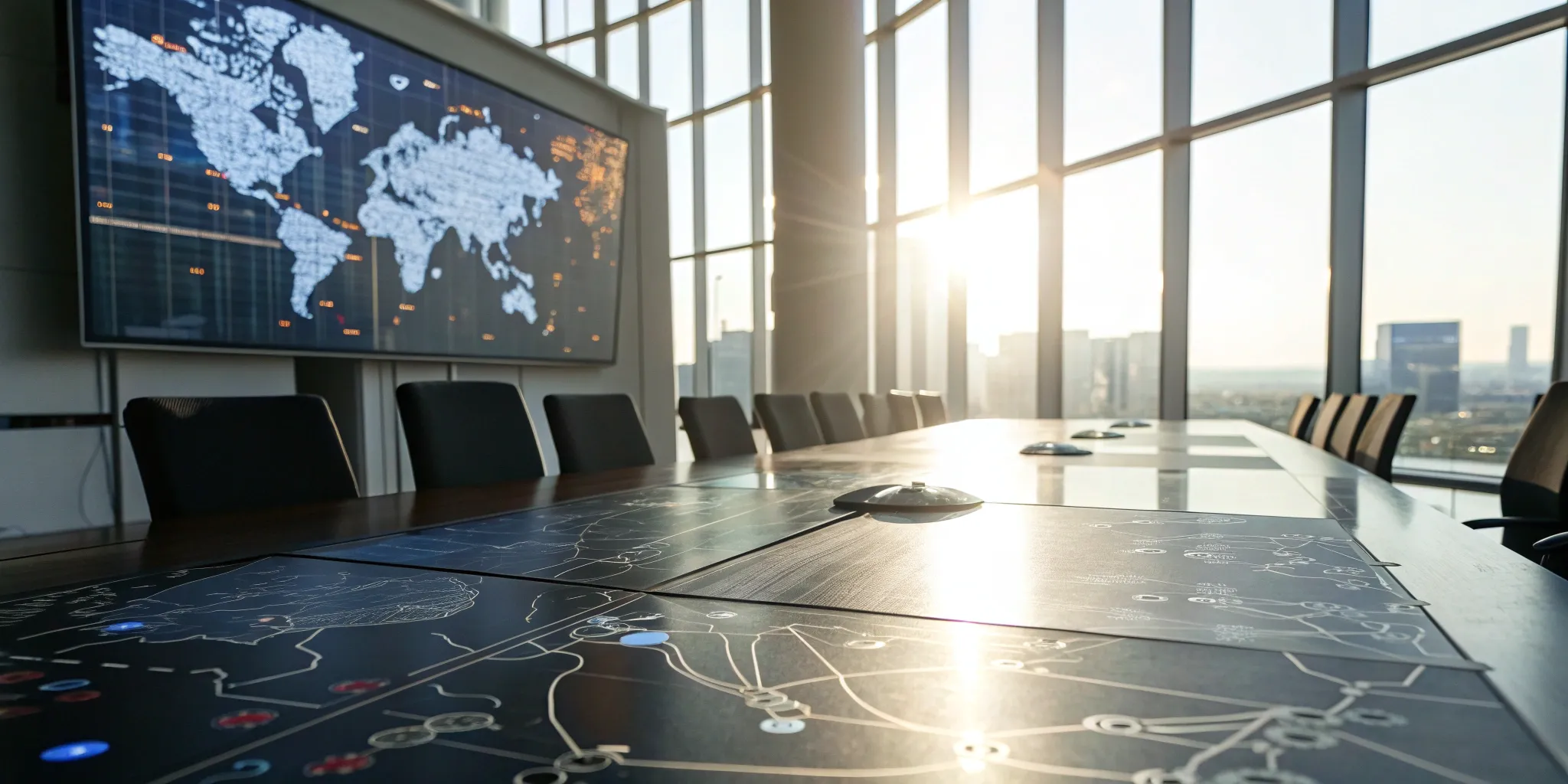 A world map in a modern boardroom for planning a global IP expansion strategy.