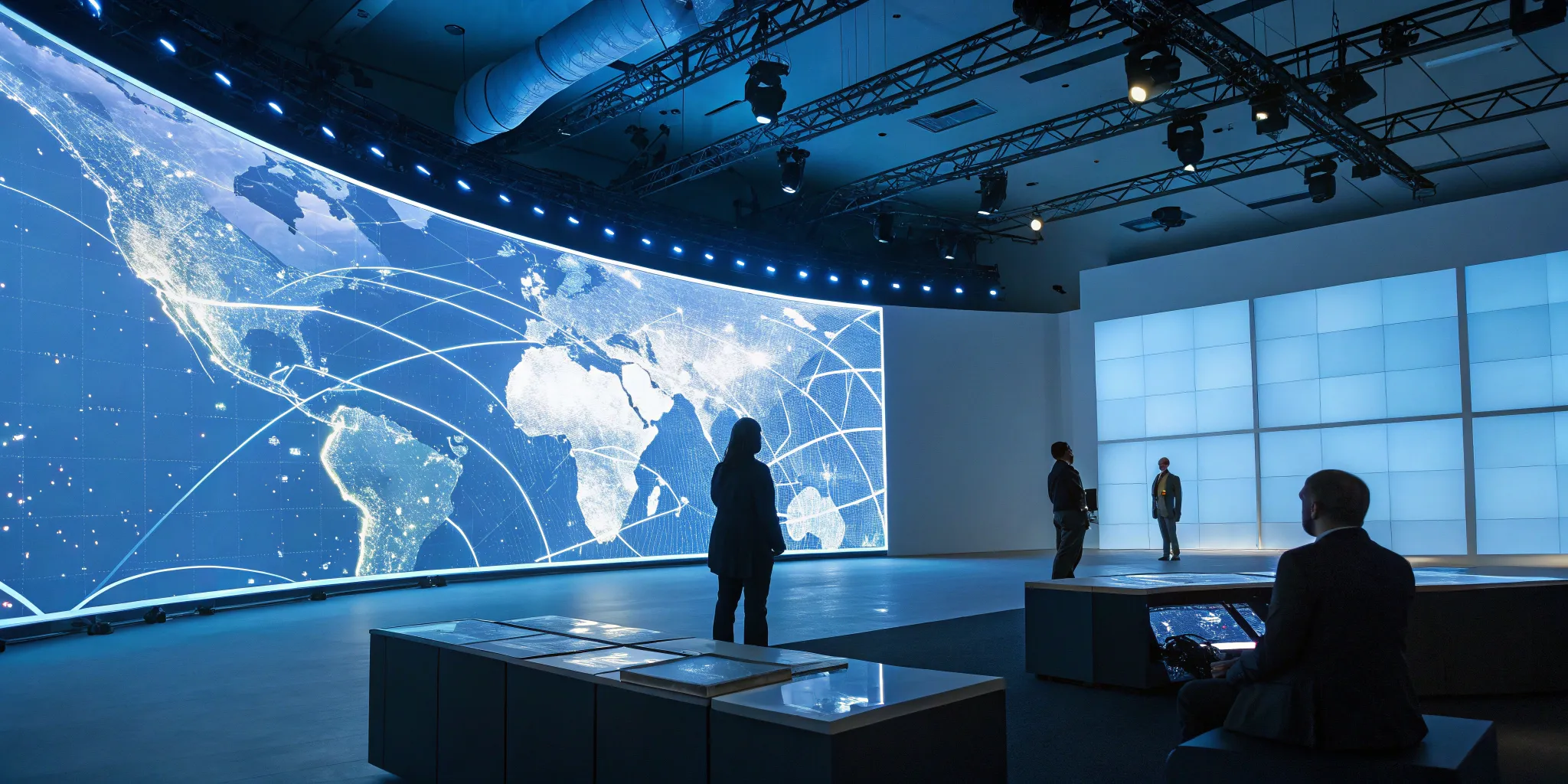 A team using a digital world map to plan global IP expansion services for entertainment.