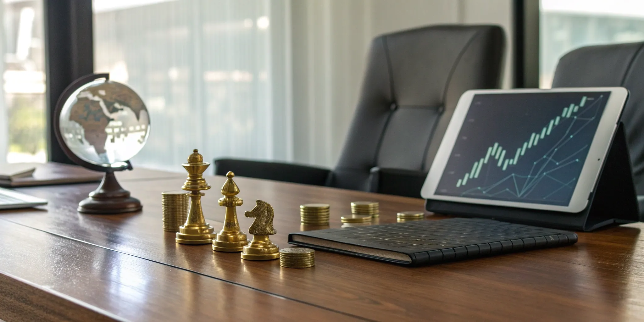 A strategic approach to intellectual property monetization with chess pieces, coins, and a rising profit graph.