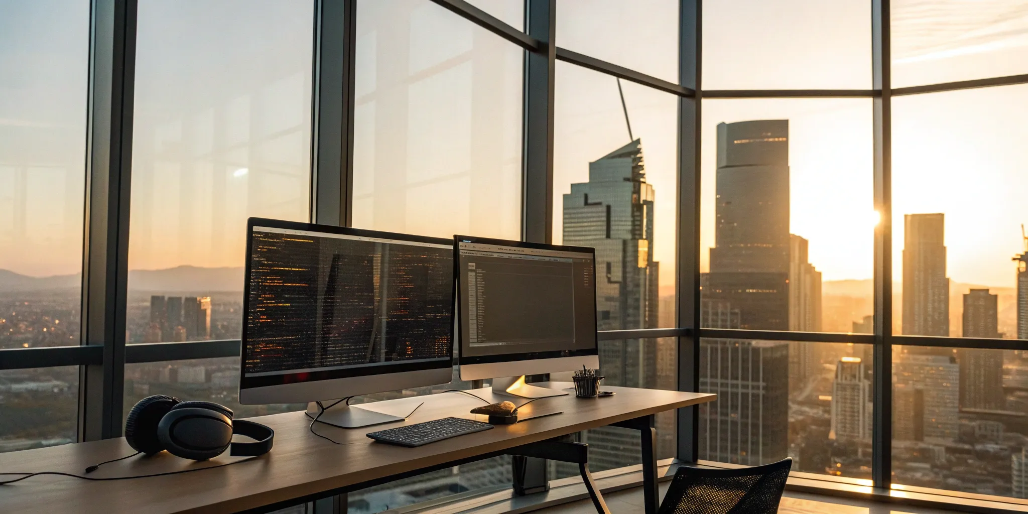 Monitors with code in a professional office, a setup to hire Unreal Engine developers for co-dev.