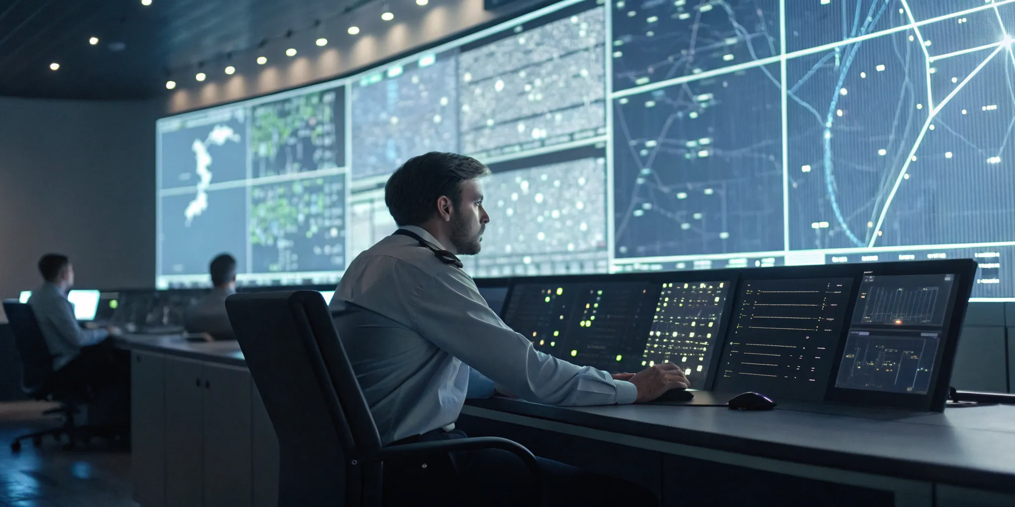 Liveops management team analyzing real-time performance data on large digital dashboards.