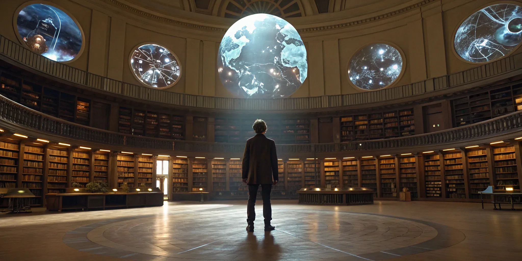 The architecture of multi-platform narrative design shown as interconnected globes in a library.