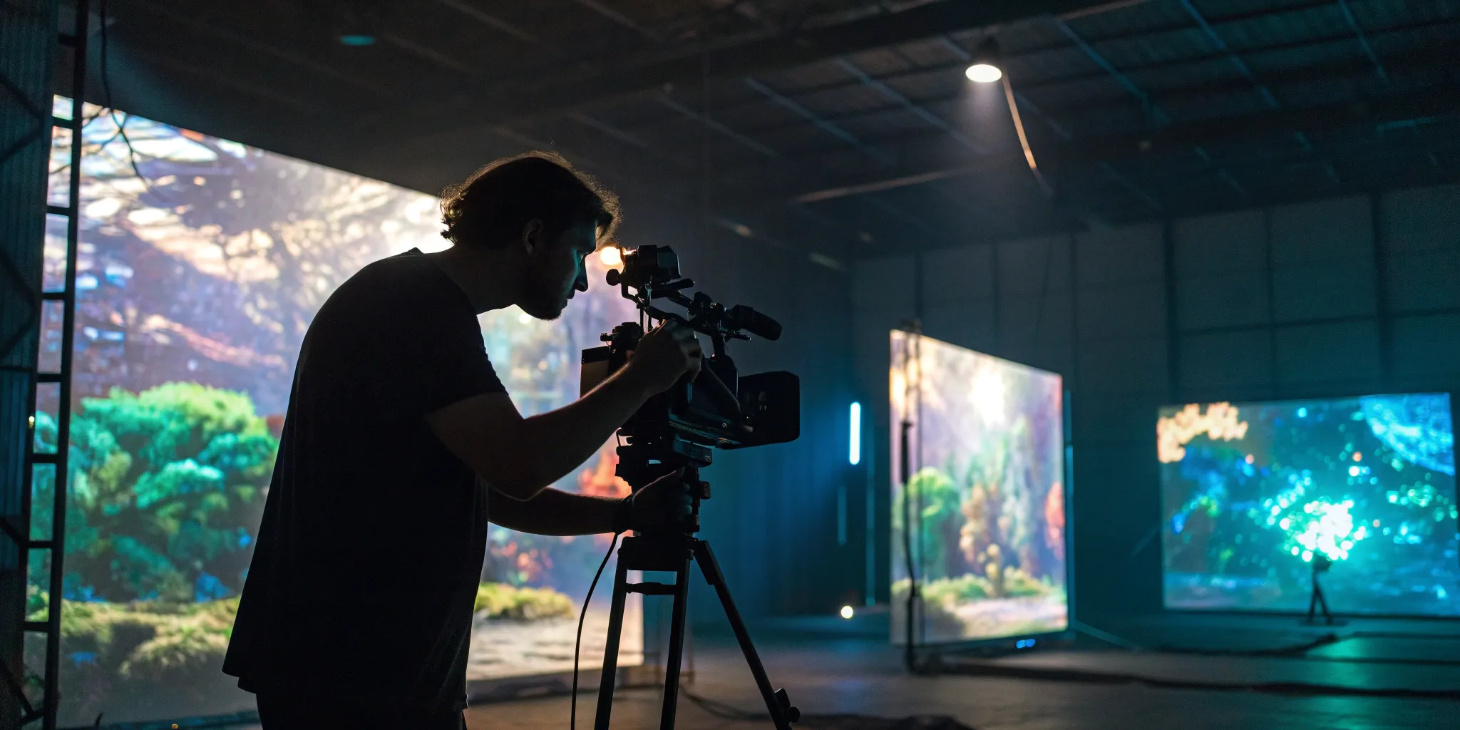 Cinematographer using narrative design on a virtual production set with digital backgrounds.