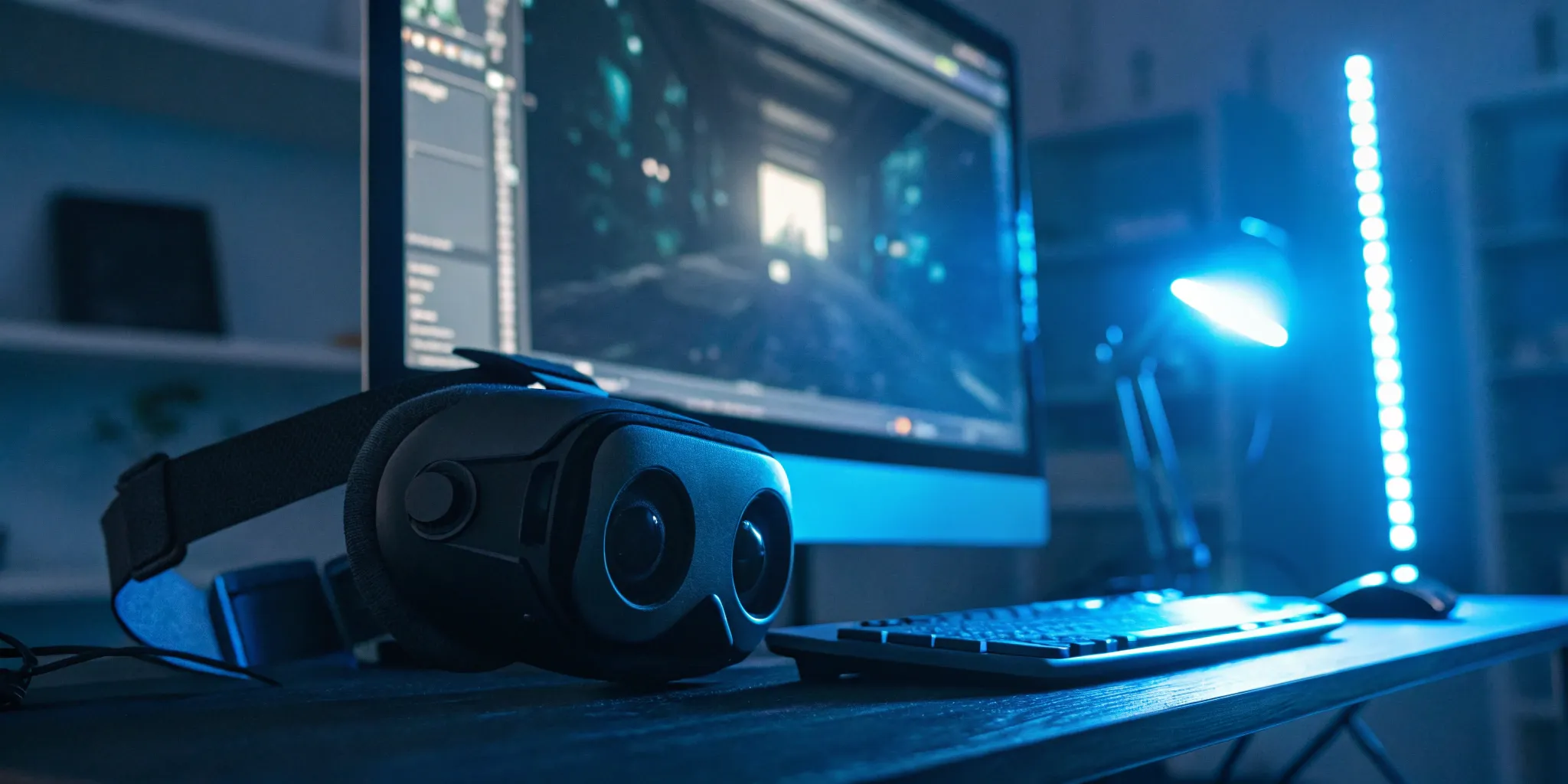 Outsourced game design and prototyping setup with a VR headset and computer.