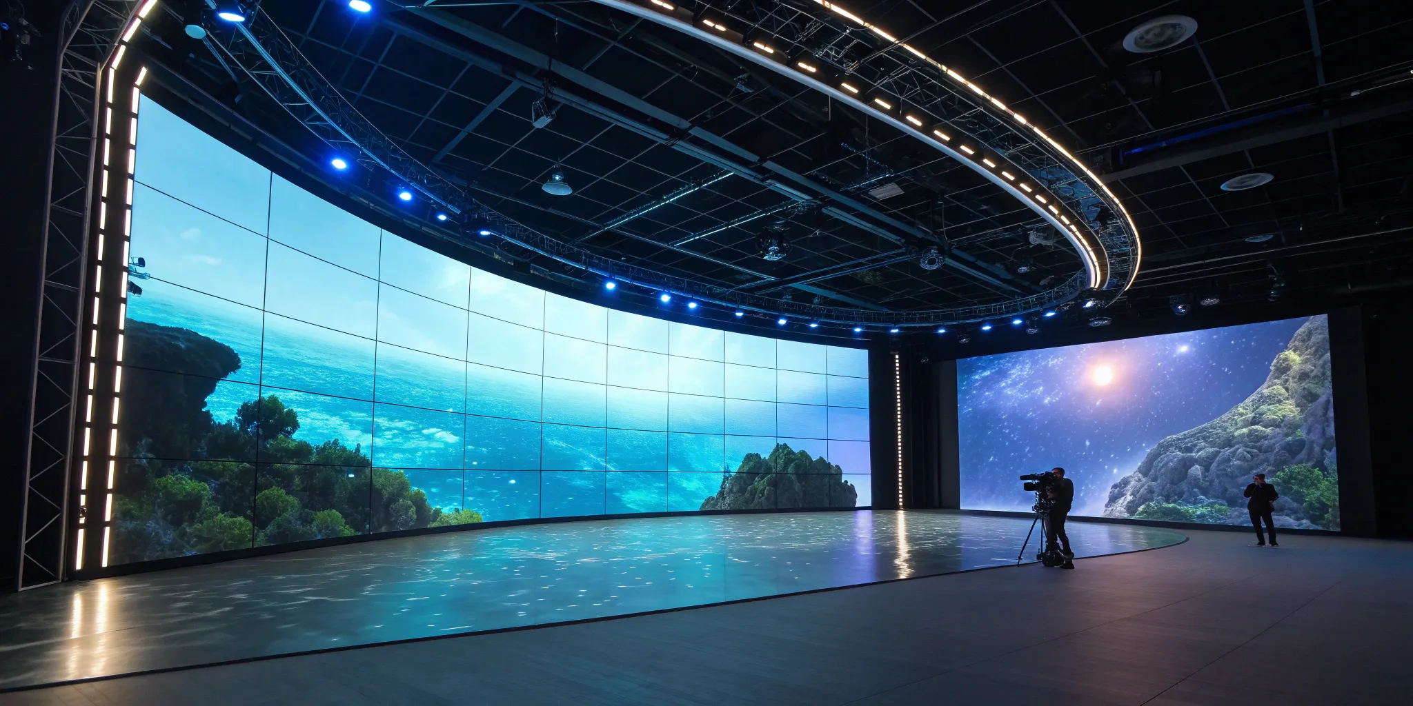 A film crew using a high-resolution, curved virtual production LED wall.