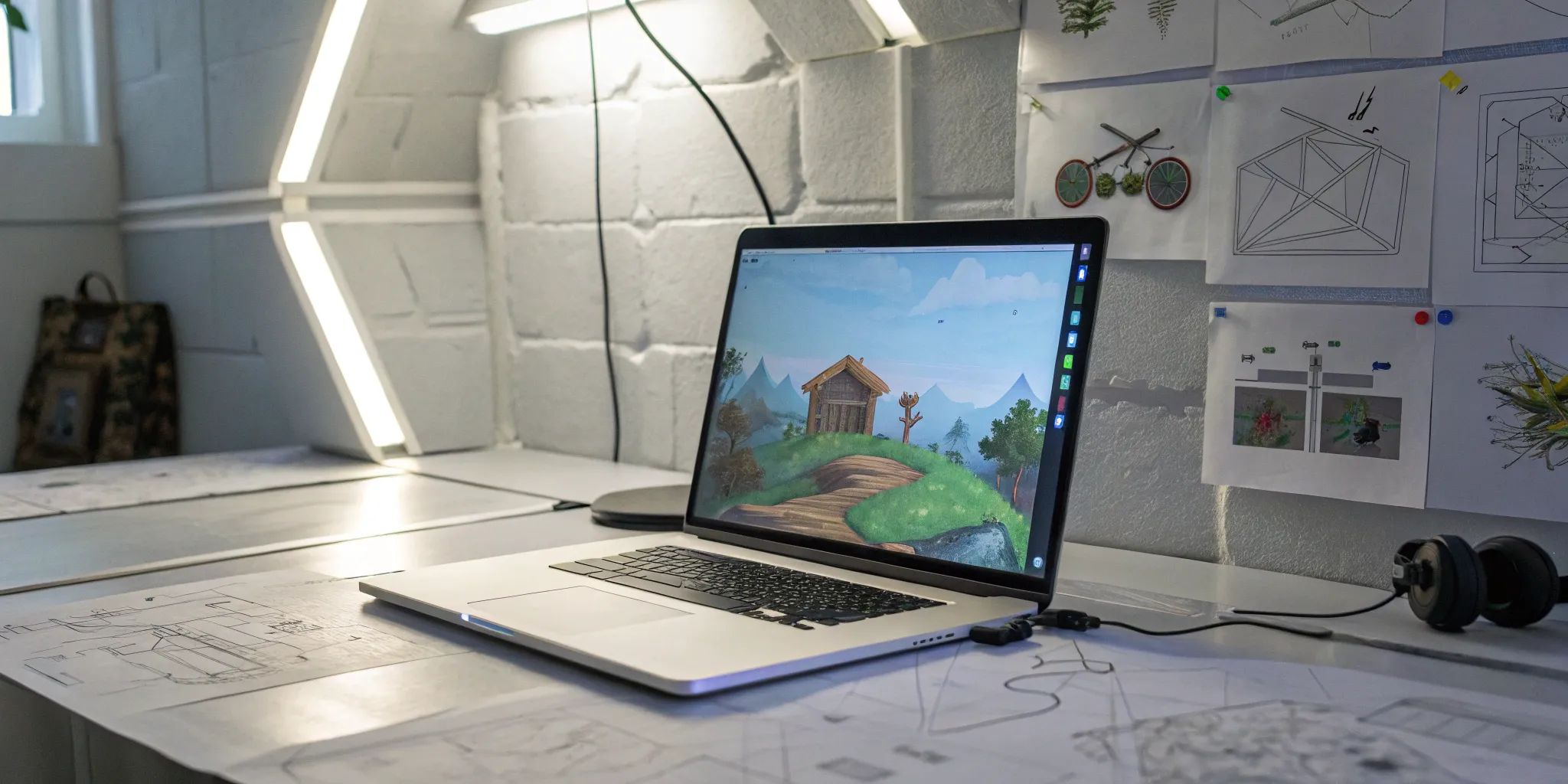 A game prototype on a laptop screen with design sketches, part of a rapid game prototyping service.