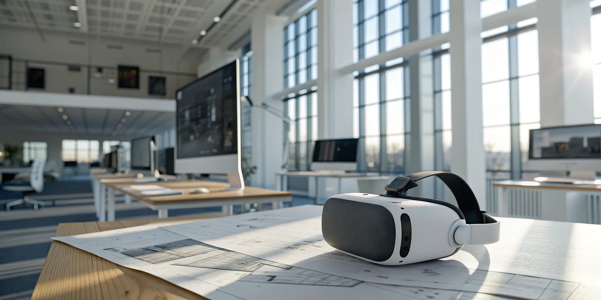 A desk with a VR headset at an Unreal Engine game development outsourcing studio.