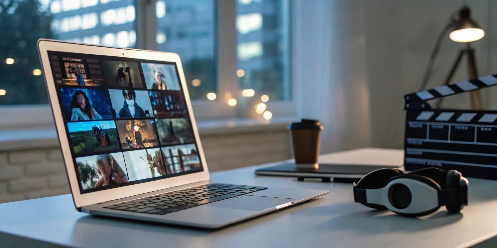 Developing a pilot script into a multi-platform IP with a laptop, clapperboard, and headphones.