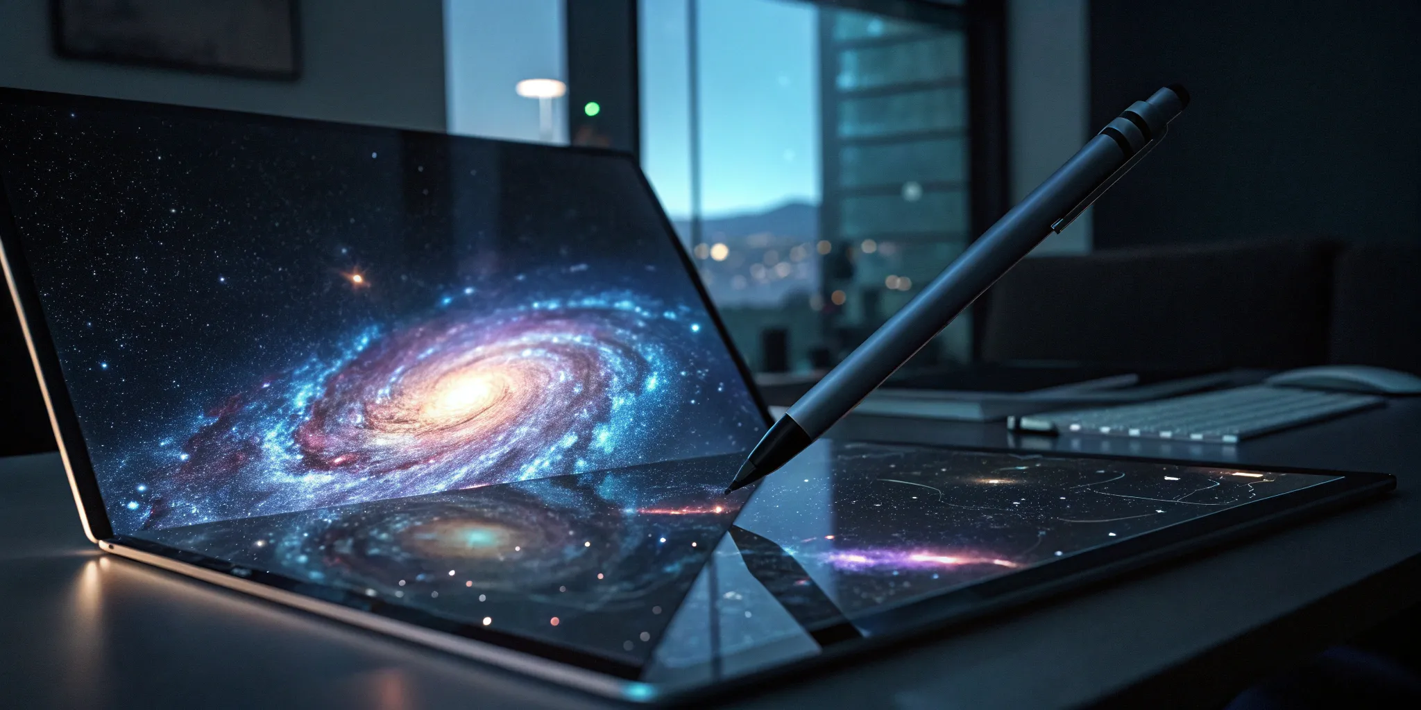 Creating a transmedia storytelling bible template on a digital tablet with a stylus over a galaxy background.