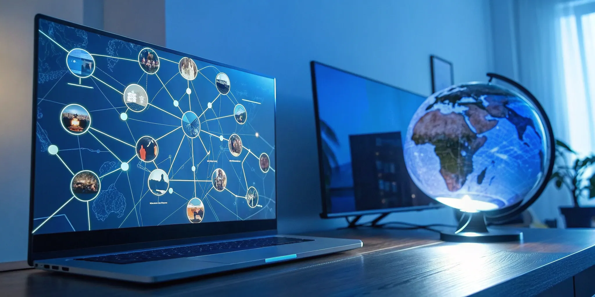 A laptop displaying a transmedia storytelling strategy for brands with interconnected media nodes.