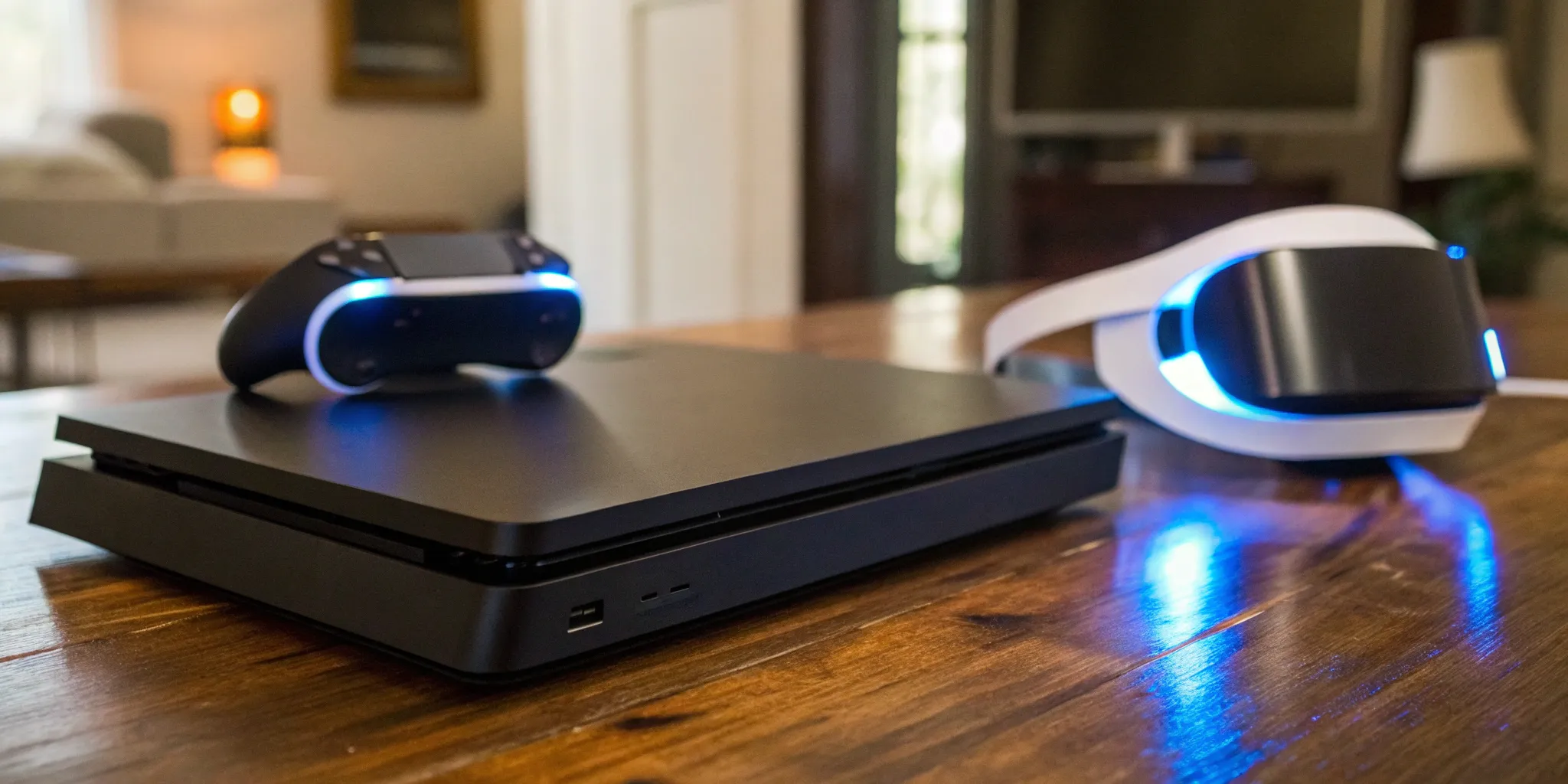Successful video game IP expansion with a PlayStation console, controller, and VR headset.