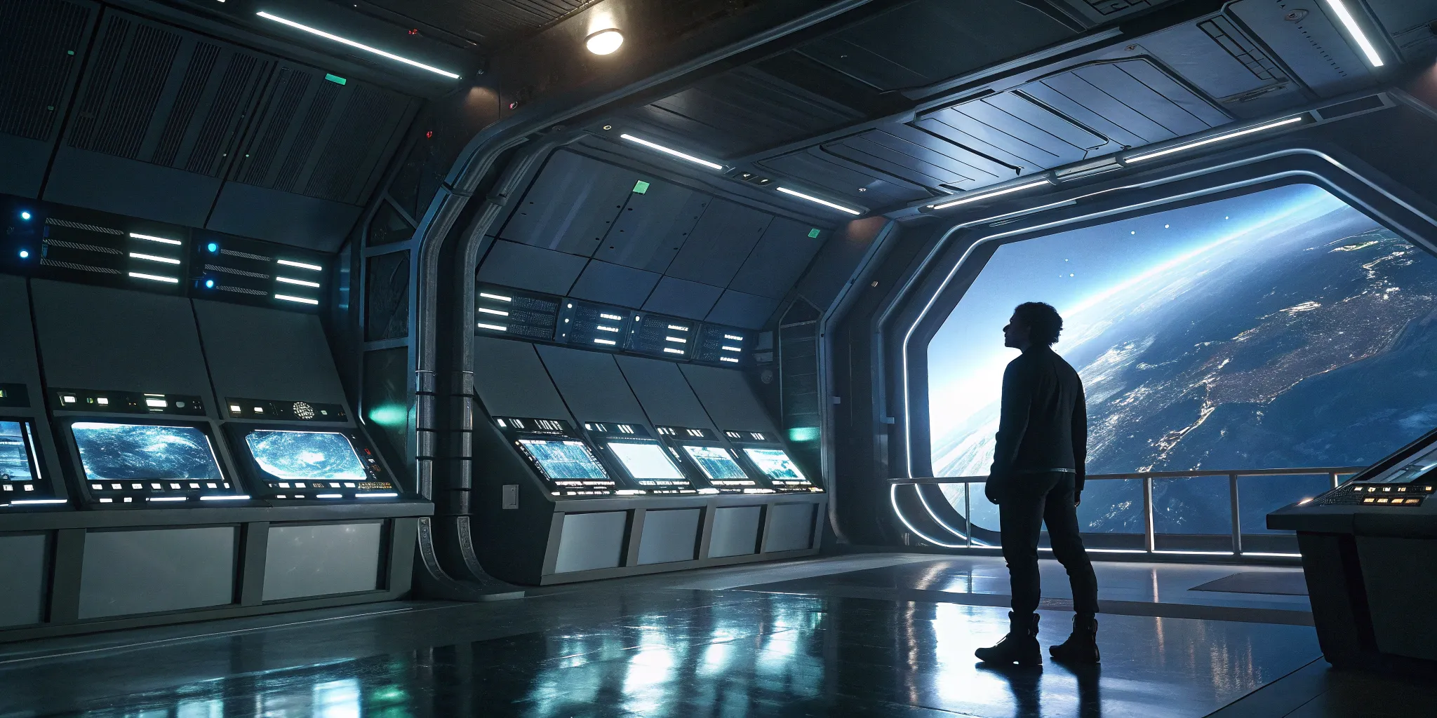 A futuristic control room for unified game and virtual production services overlooking a digital Earth.