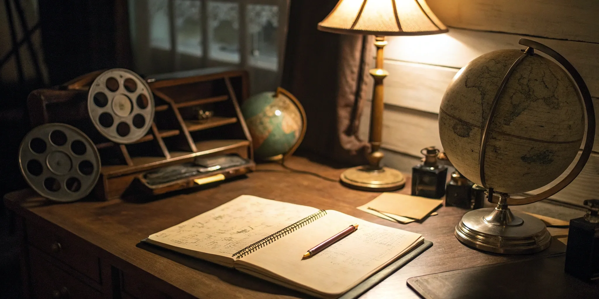 A desk organized for a TV series bible development service with notes and film reels.