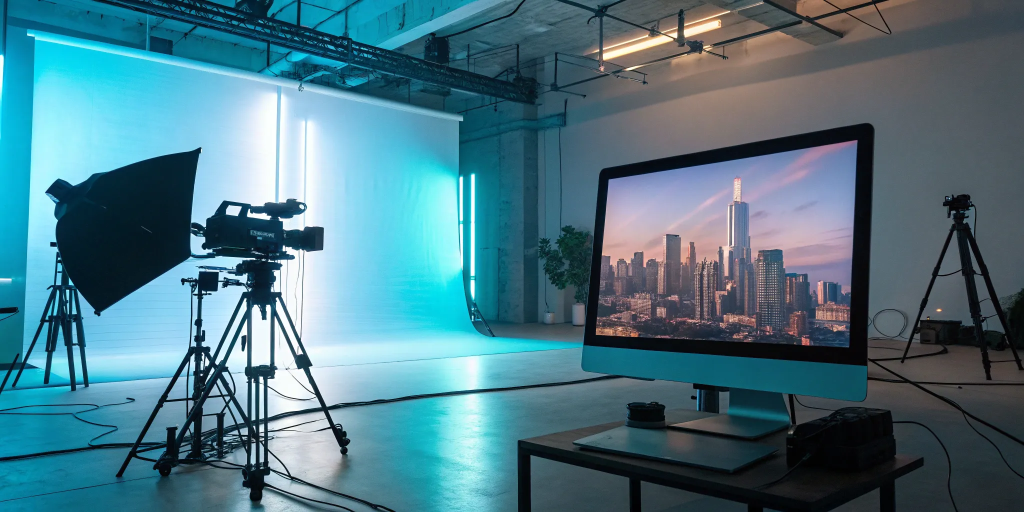 A camera on a film set for a virtual production using Unreal Engine's real-time rendering.