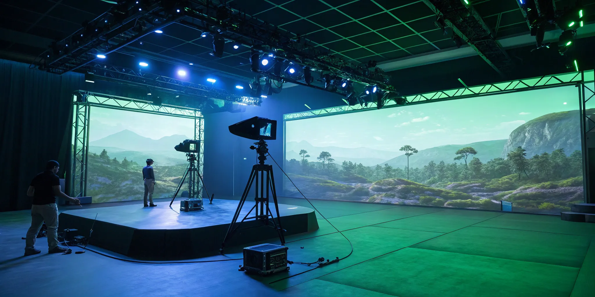 Virtual production studio with LED walls for immersive virtual experiences.