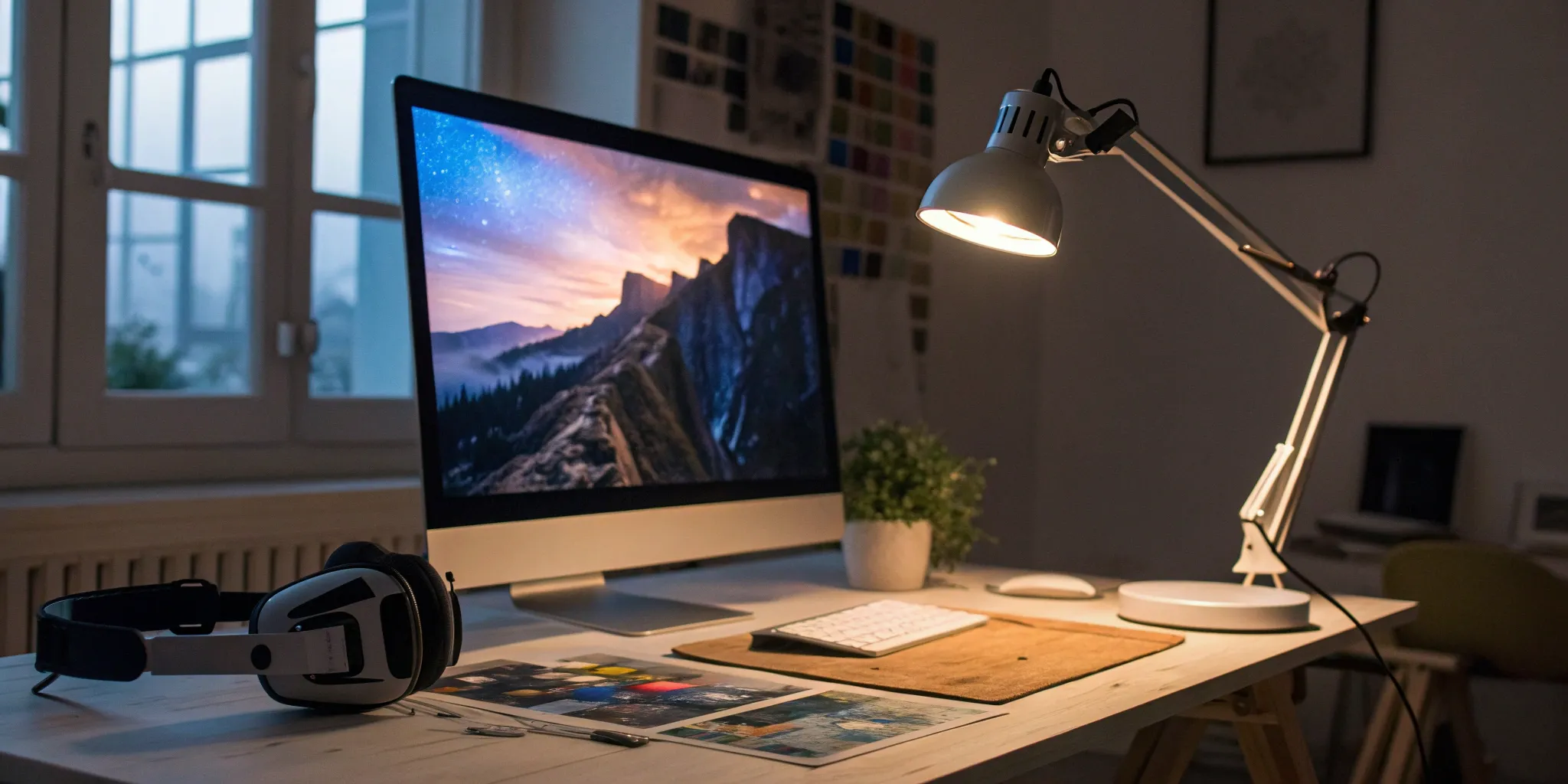 A virtual art director's desk setup with a computer displaying complex digital art for a project.