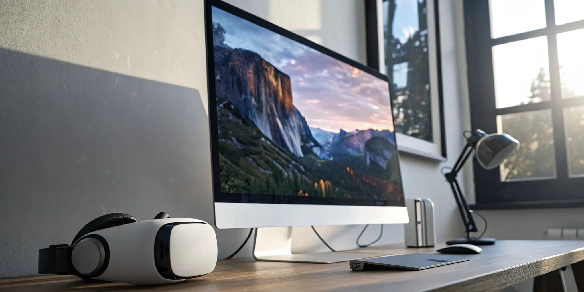 A virtual production workstation with a VR headset, used to create deeper brand engagement.