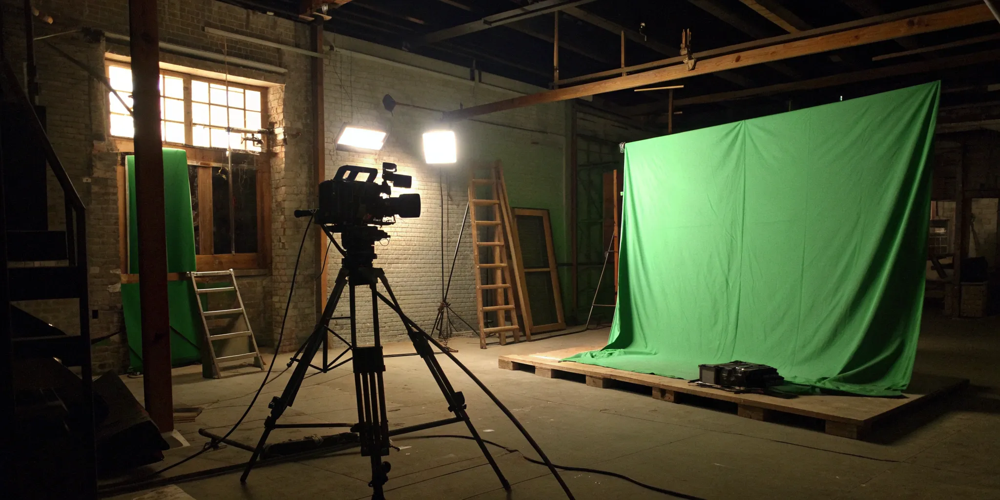 A low budget virtual production setup with a green screen, camera, and basic lighting.