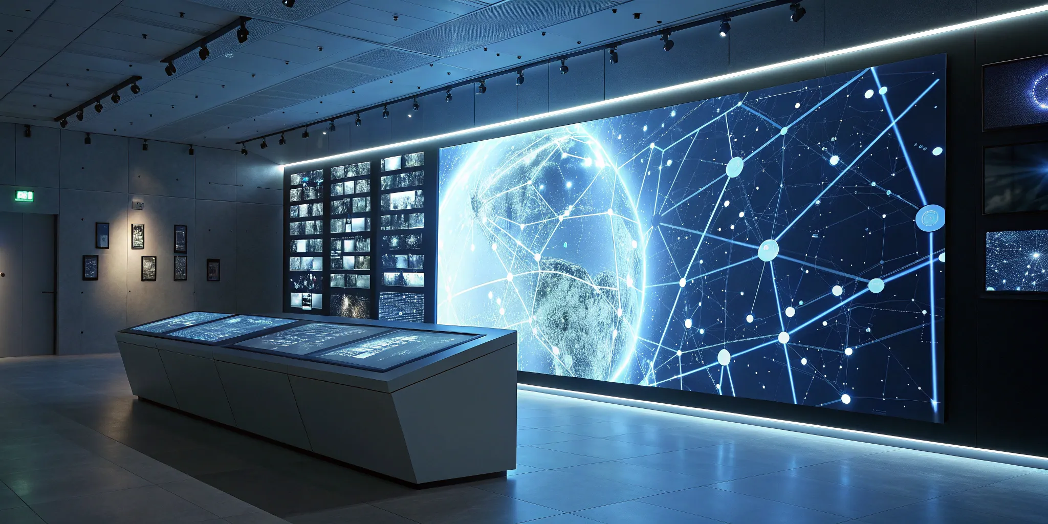 A transmedia production company's futuristic control room with a globe and screens for managing stories across platforms.