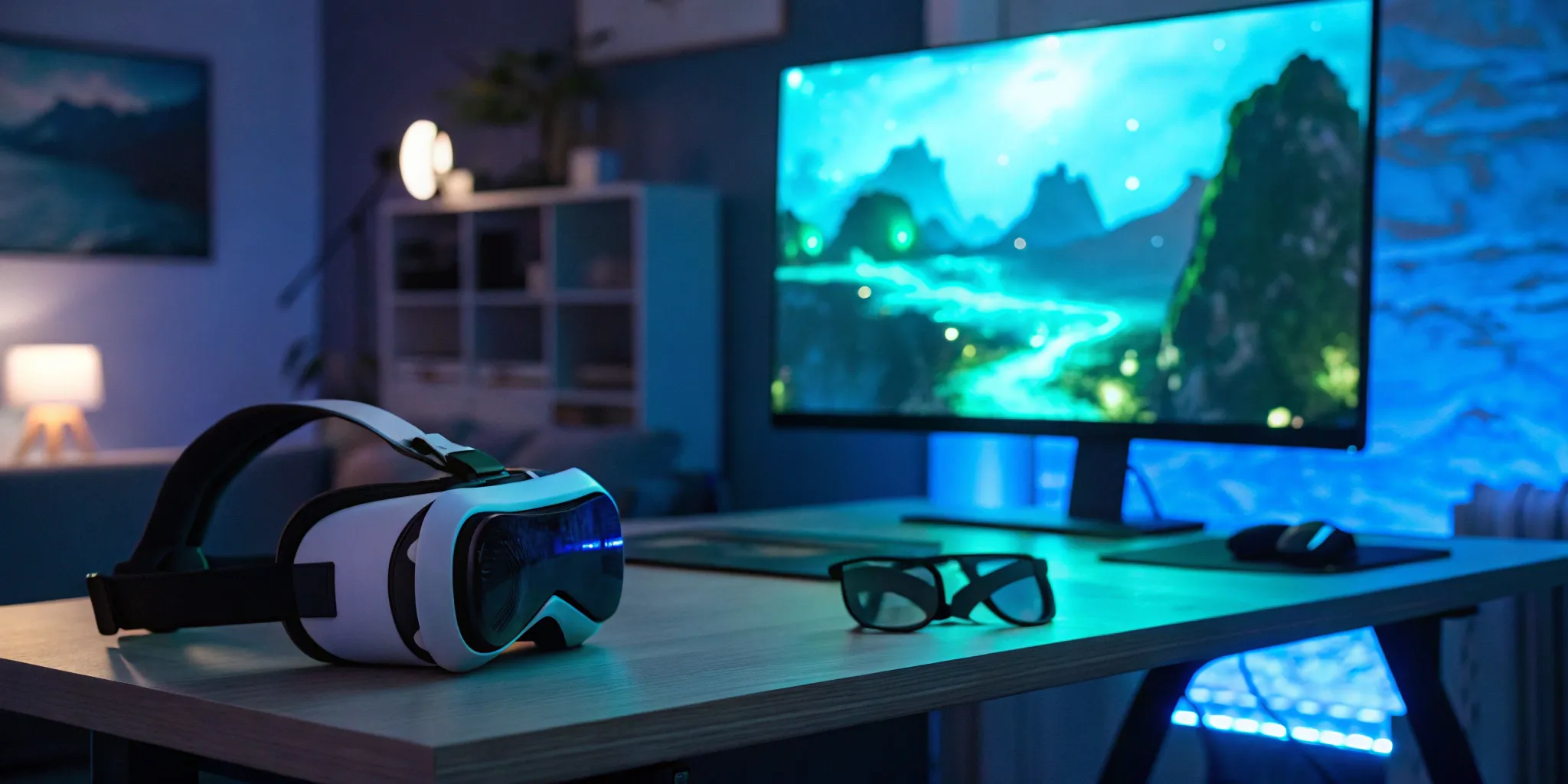 A desk with a VR headset and AR glasses for game development.