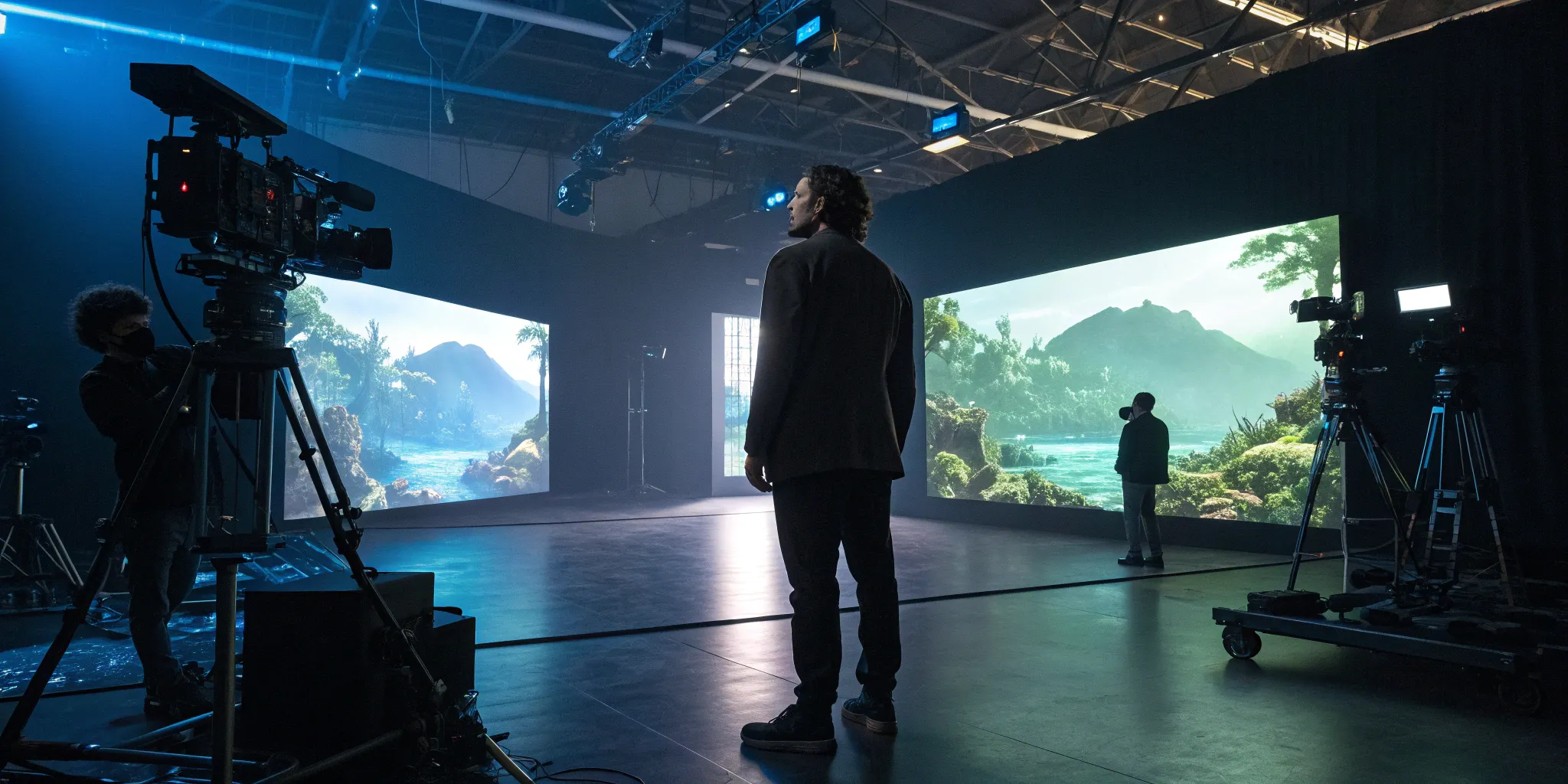 A camera crew on an extended reality filmmaking set using an LED wall to create a virtual environment.