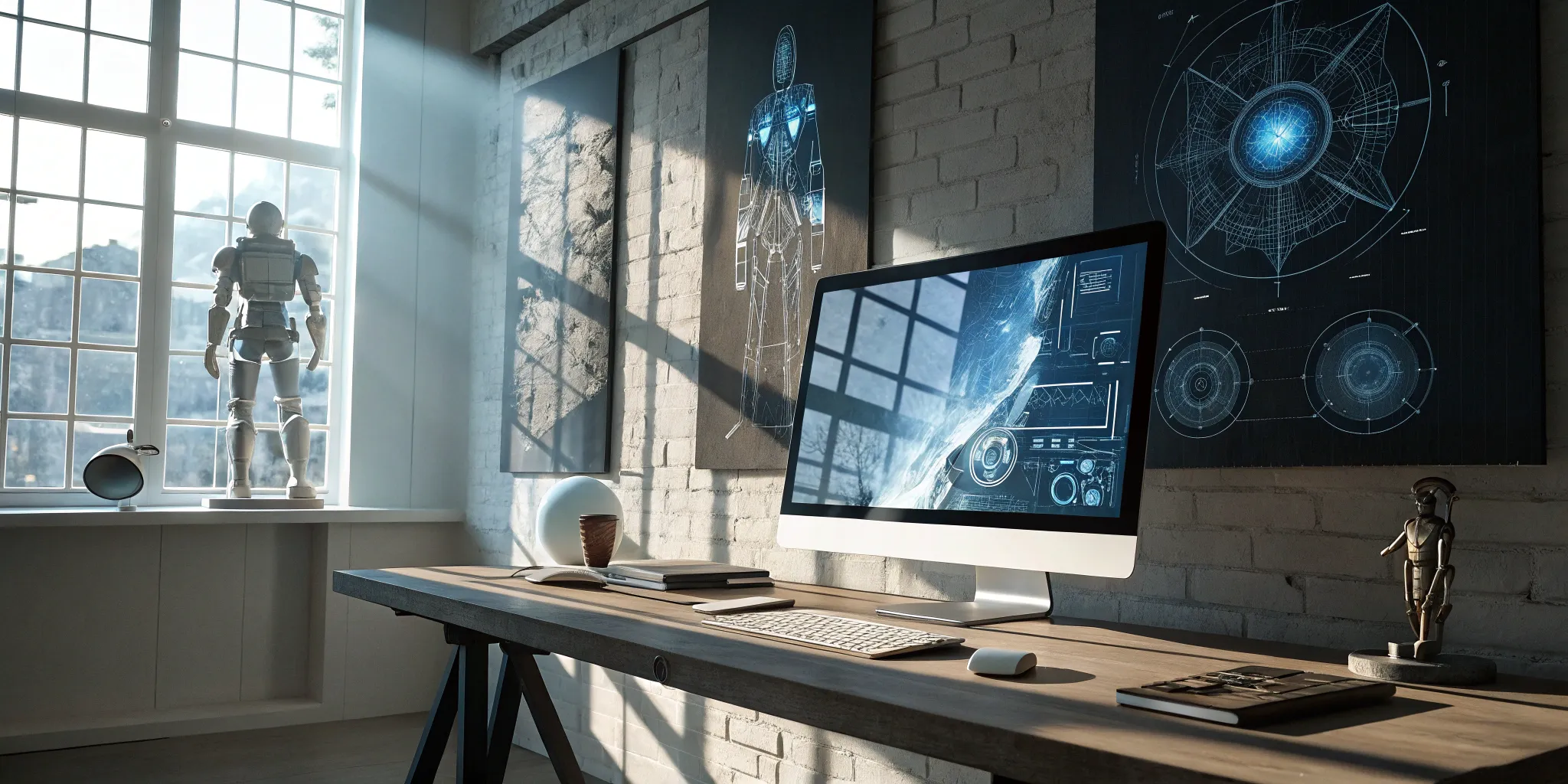 A virtual art department workspace showing digital art, 3D robot models, and futuristic blueprints.