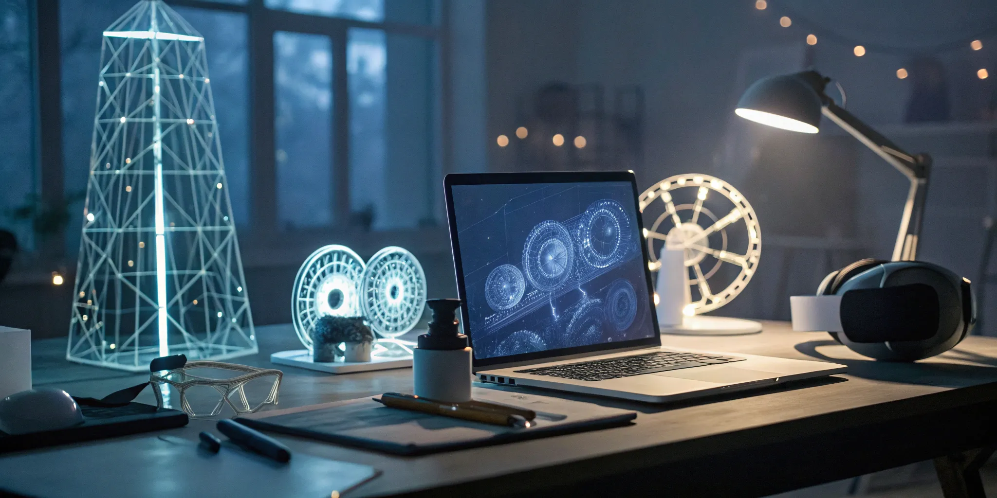 The workspace of a virtual art department with a laptop displaying 3D art and a VR headset.