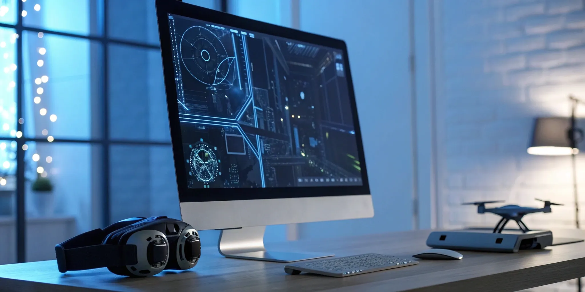 A workstation for virtual production game prototypes with a computer, VR headset, and a drone.