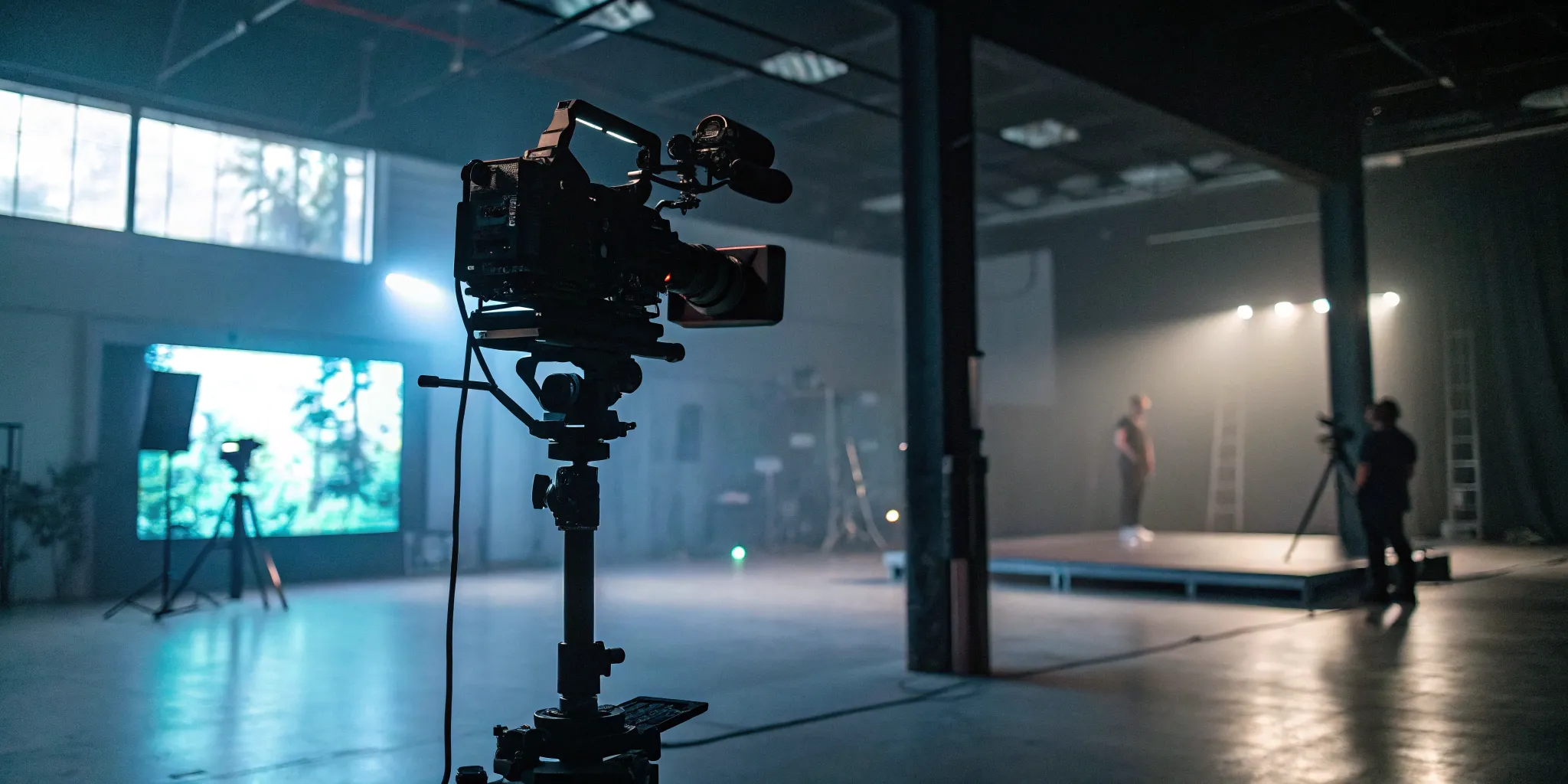 An indie virtual production studio with a professional camera rig facing a large LED wall.