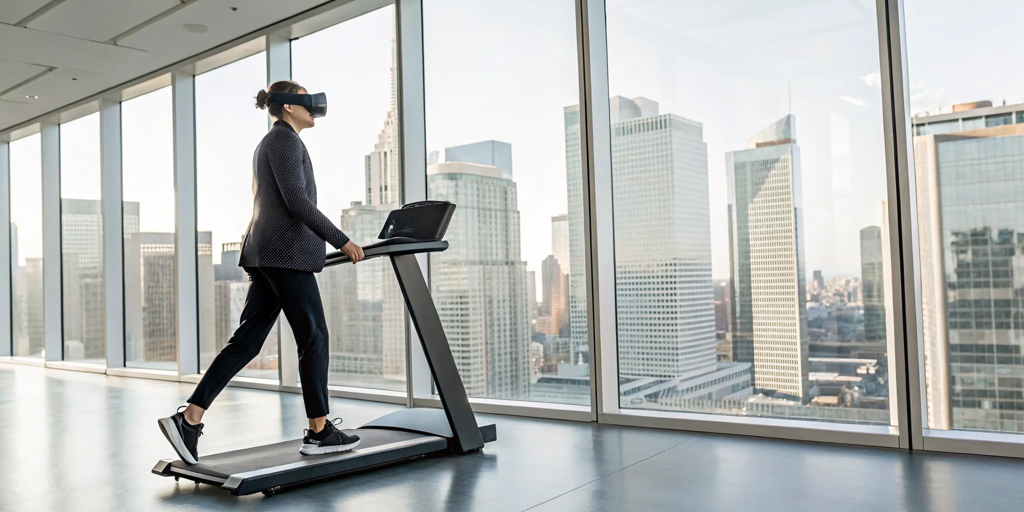 A person on a treadmill plays an immersive real life virtual reality game with a VR headset.
