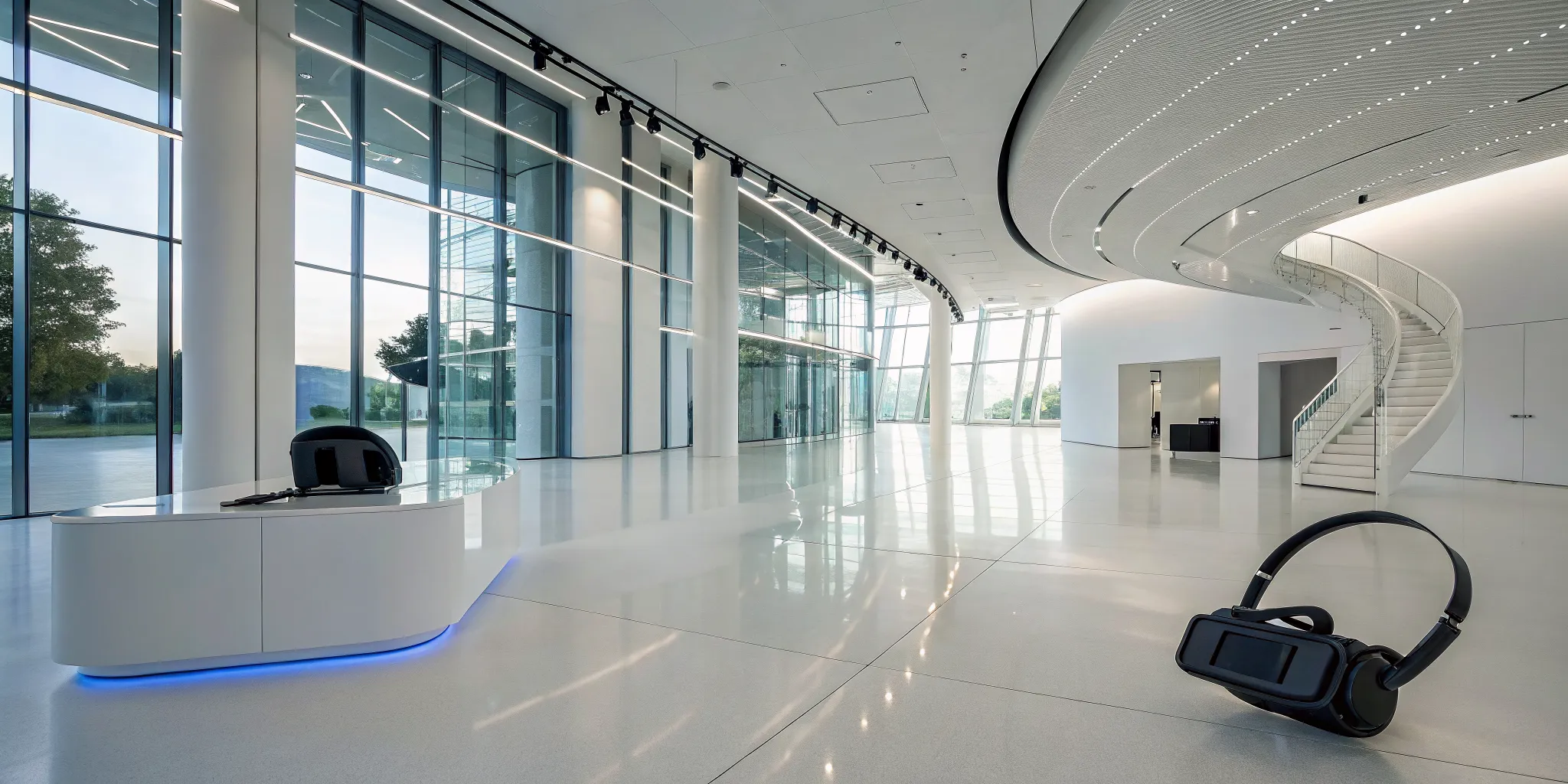 A virtual reality headset in the lobby of a modern VR attraction.