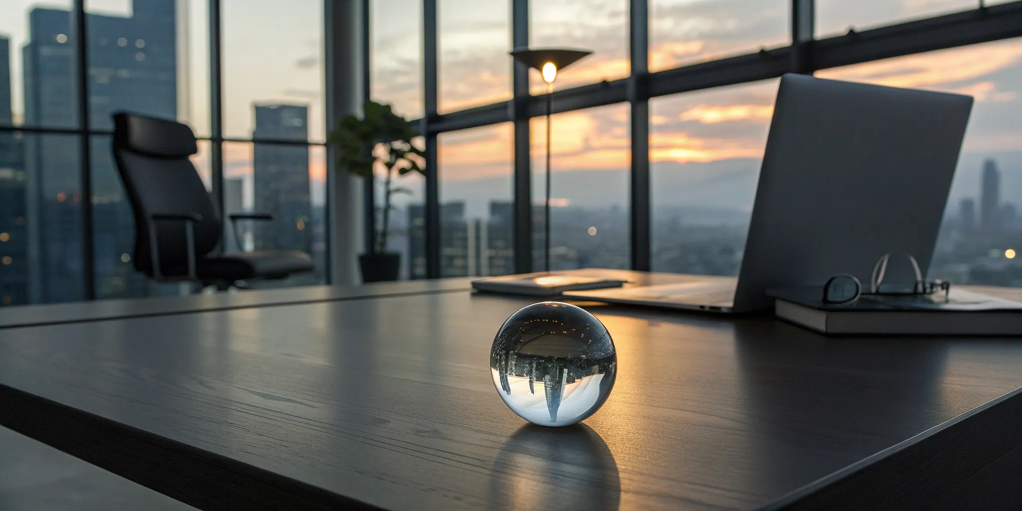 A creator's desk where a crystal ball reveals a cityscape, representing the creation of a simulated reality.