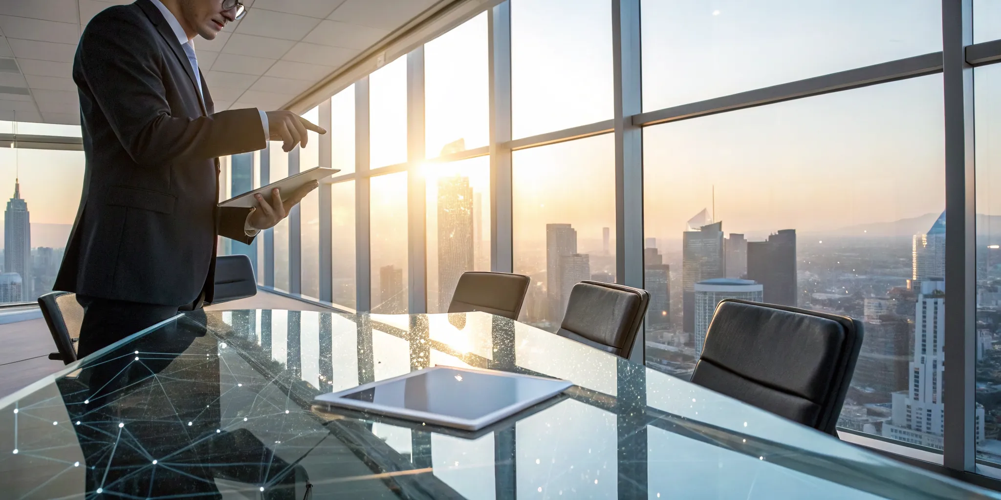 An interactive augmented reality story on a tablet, guided by the scene semantics of a modern office.