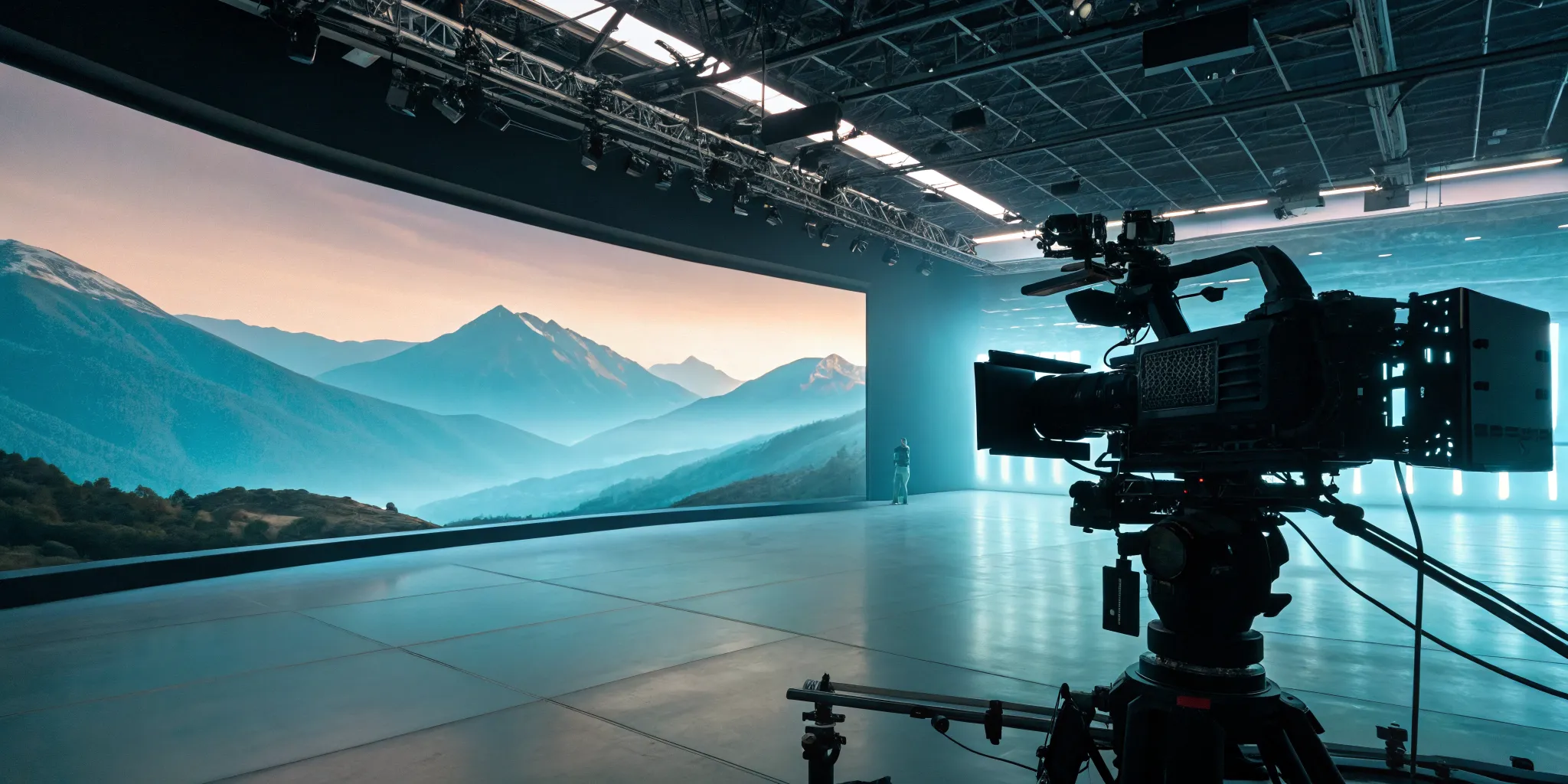 A camera films a digital mountain scene on an LED wall using virtual production tools.