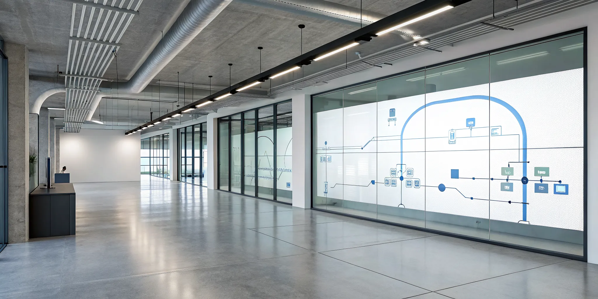 A large digital screen displays a virtual production pipeline workflow diagram.