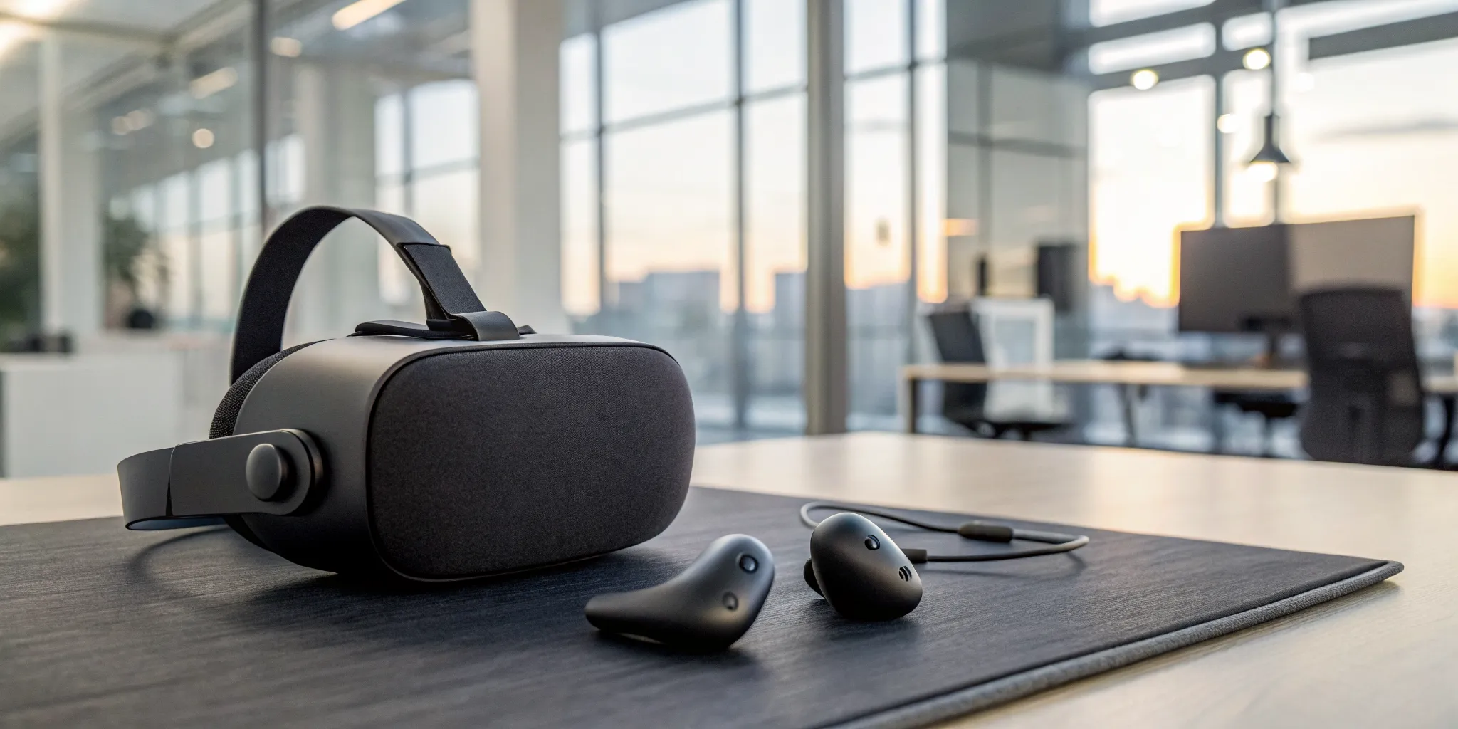 Virtual reality headset and controllers on a desk for immersive gaming experiences.
