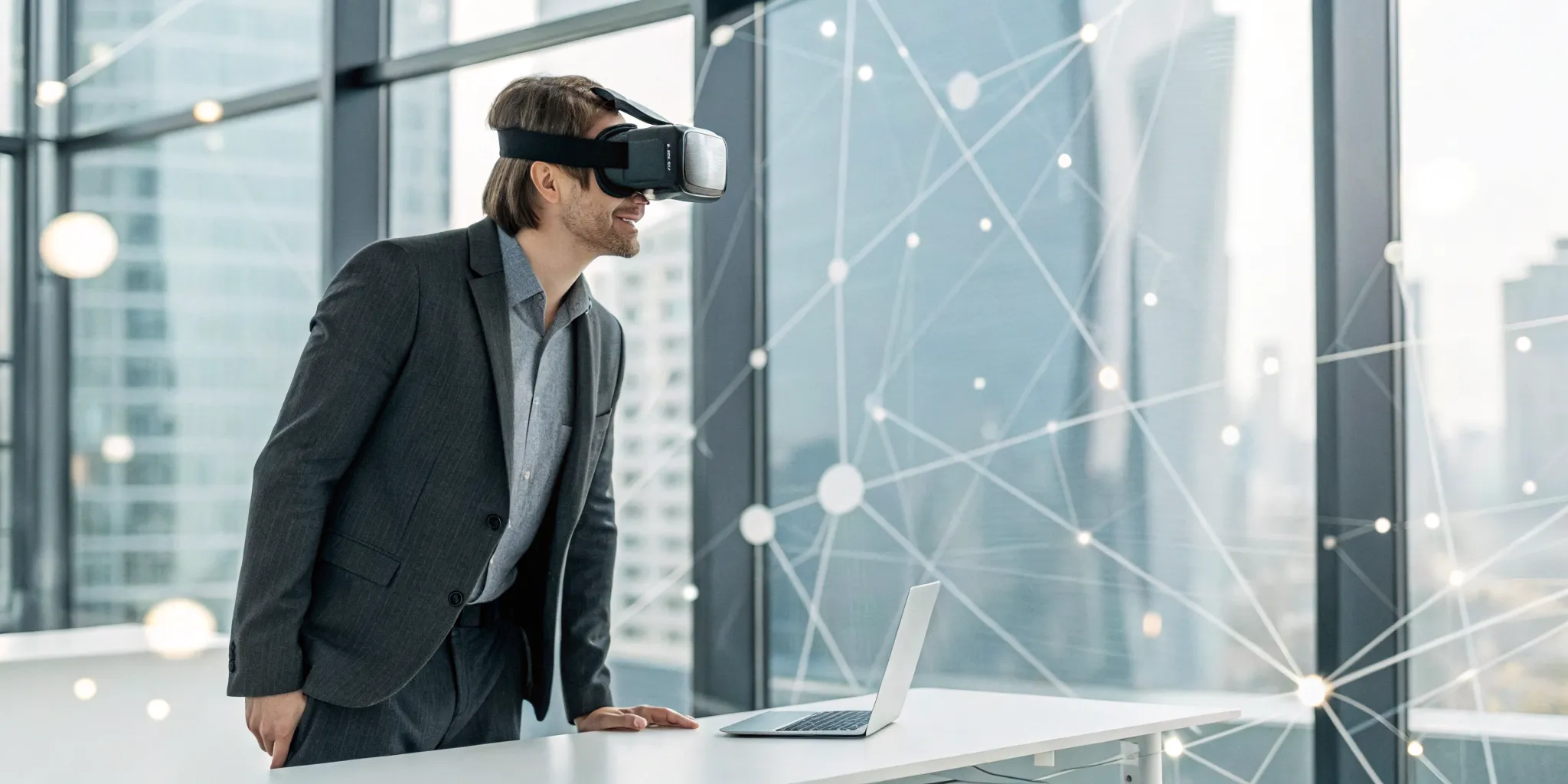 Professional in an office using a headset to explore a virtual reality environment.