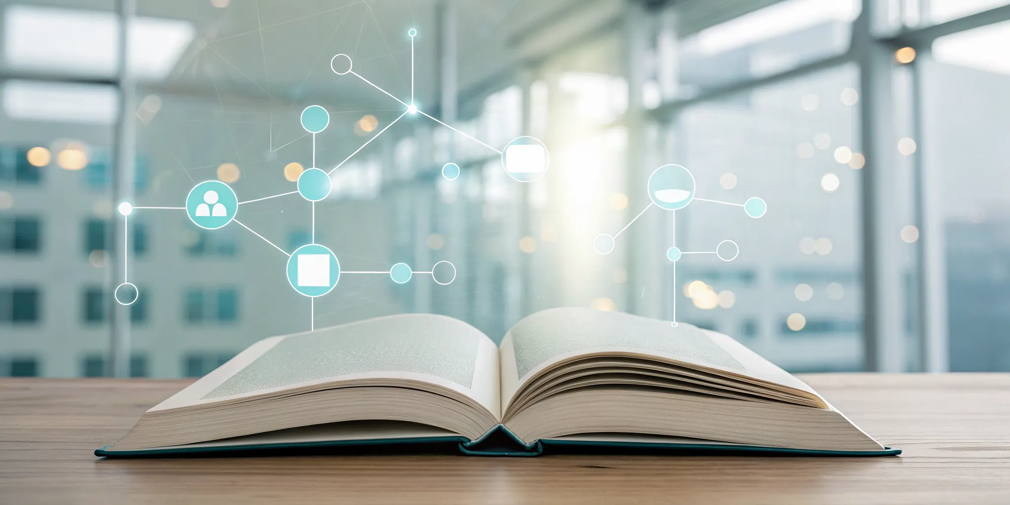 An open book with digital icons from an AR book app floating above the pages.