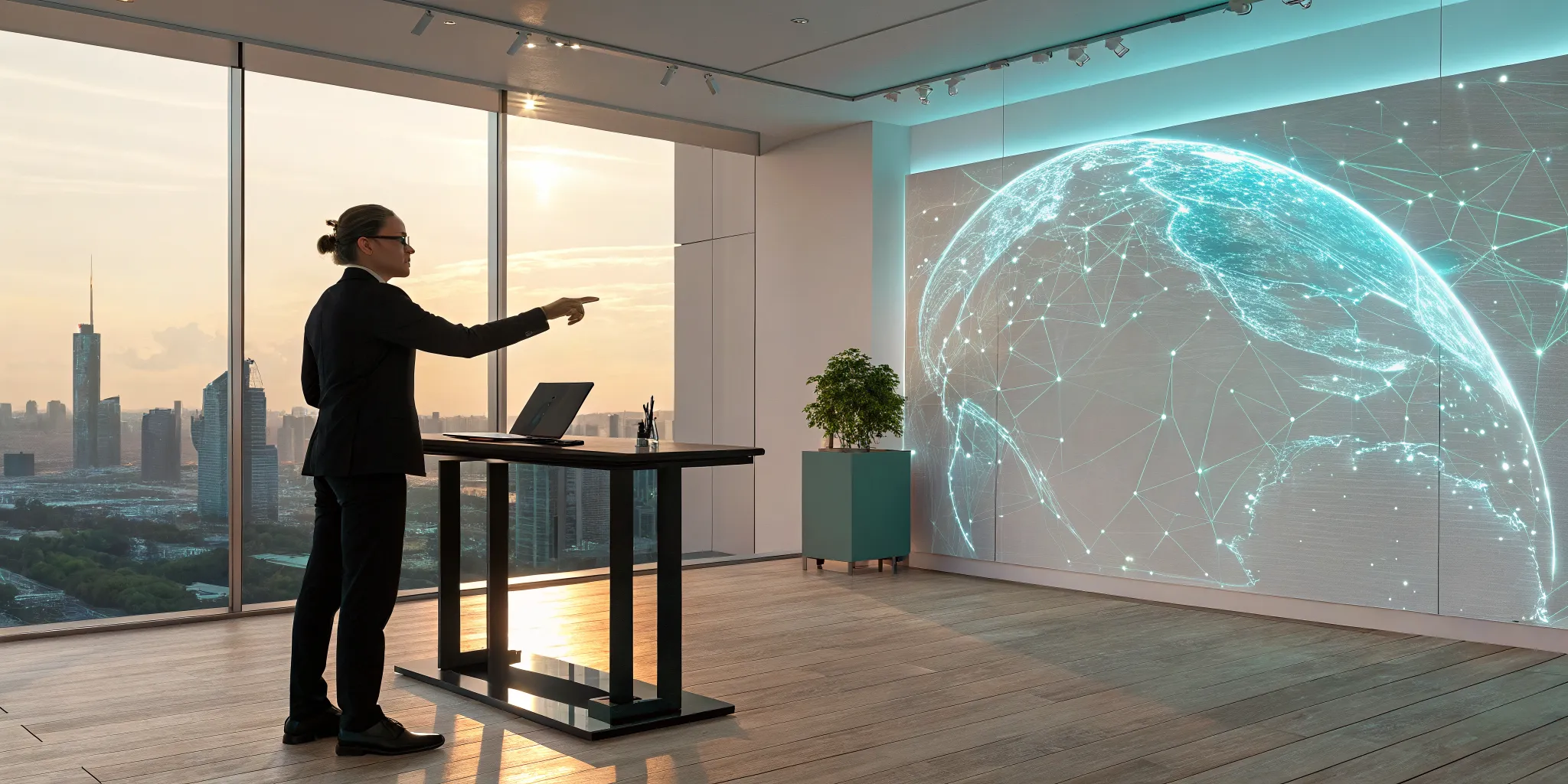 A professional uses an immersive reality interface to manipulate a digital globe.