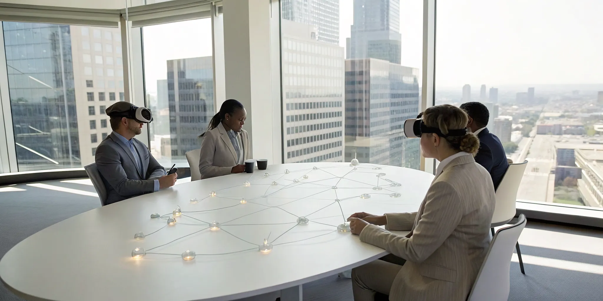 People engaging with an interactive story through augmented reality technology.