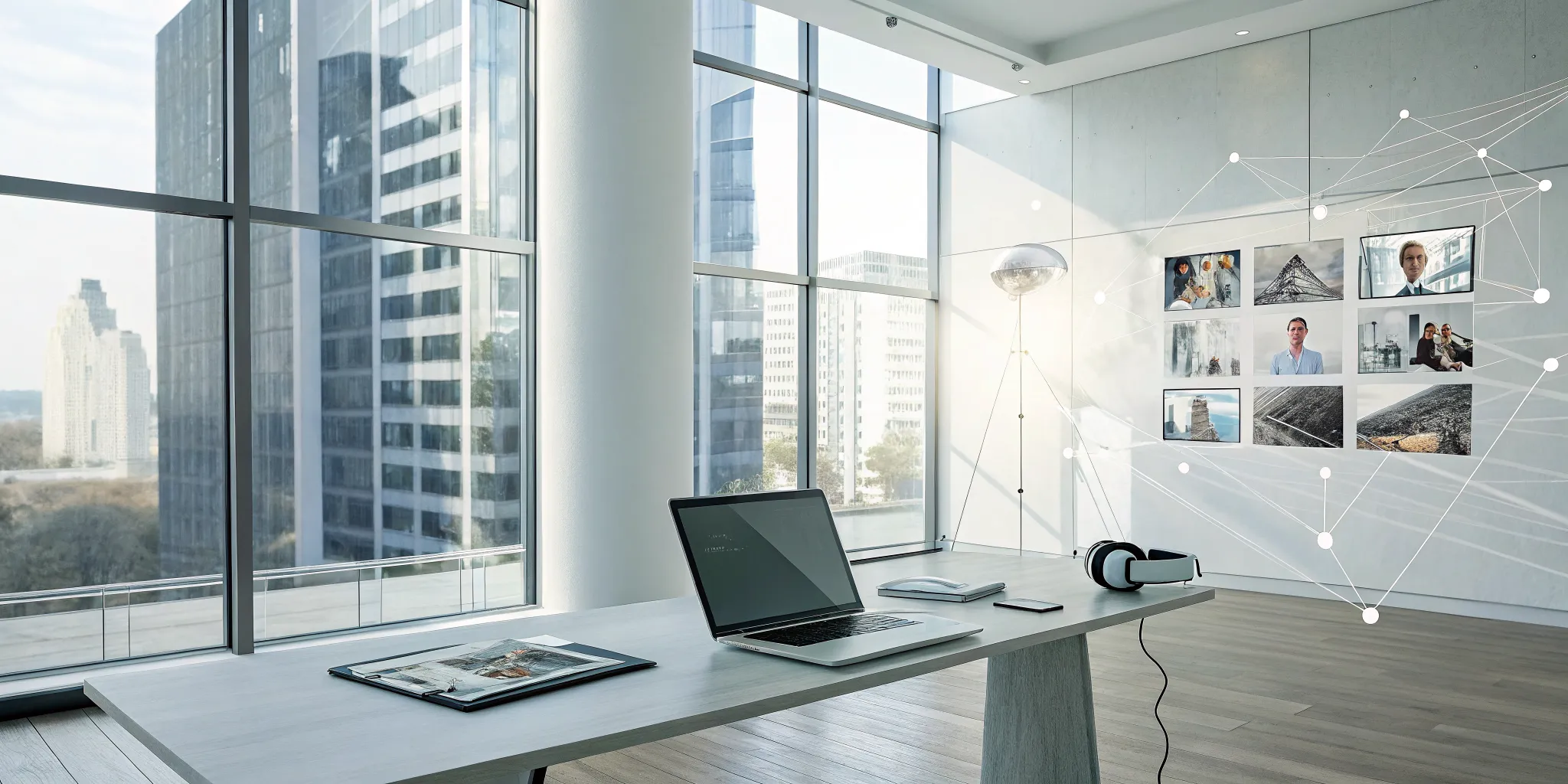 A VR headset and laptop on a desk, used for creating an immersive virtual storytelling experience.