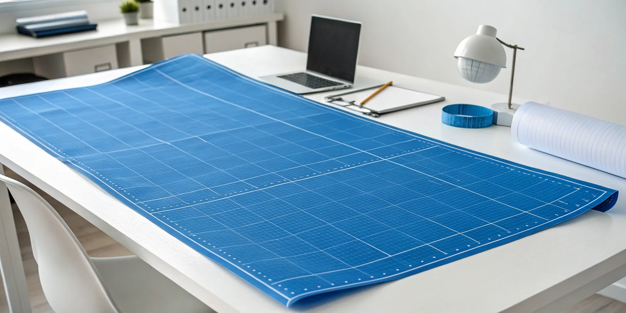 A blueprint outlining the phases of a game production pipeline on a desk.