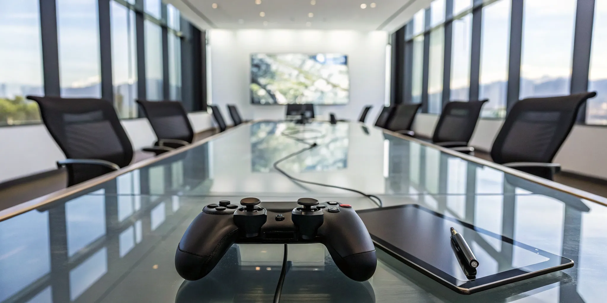 A game controller and tablet on a table for a meeting about top AAA game co-development.