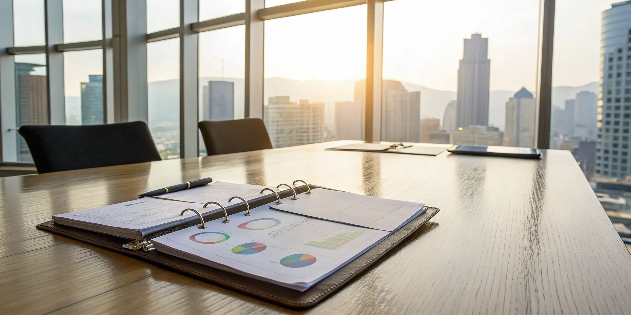 An open franchise bible with charts and graphs on a modern conference table.