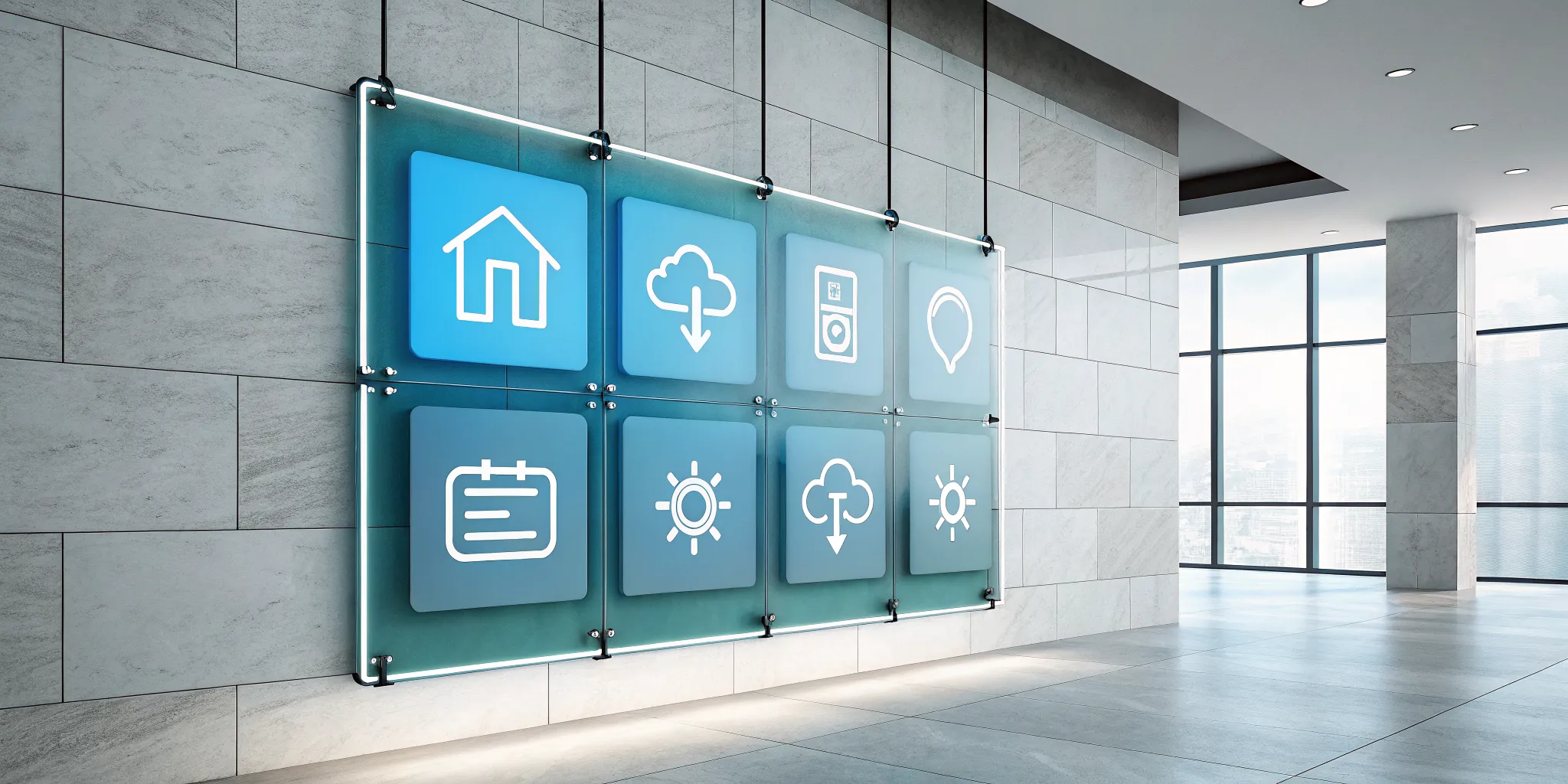 Digital icons on a glass wall outline how to expand a game IP to other media.