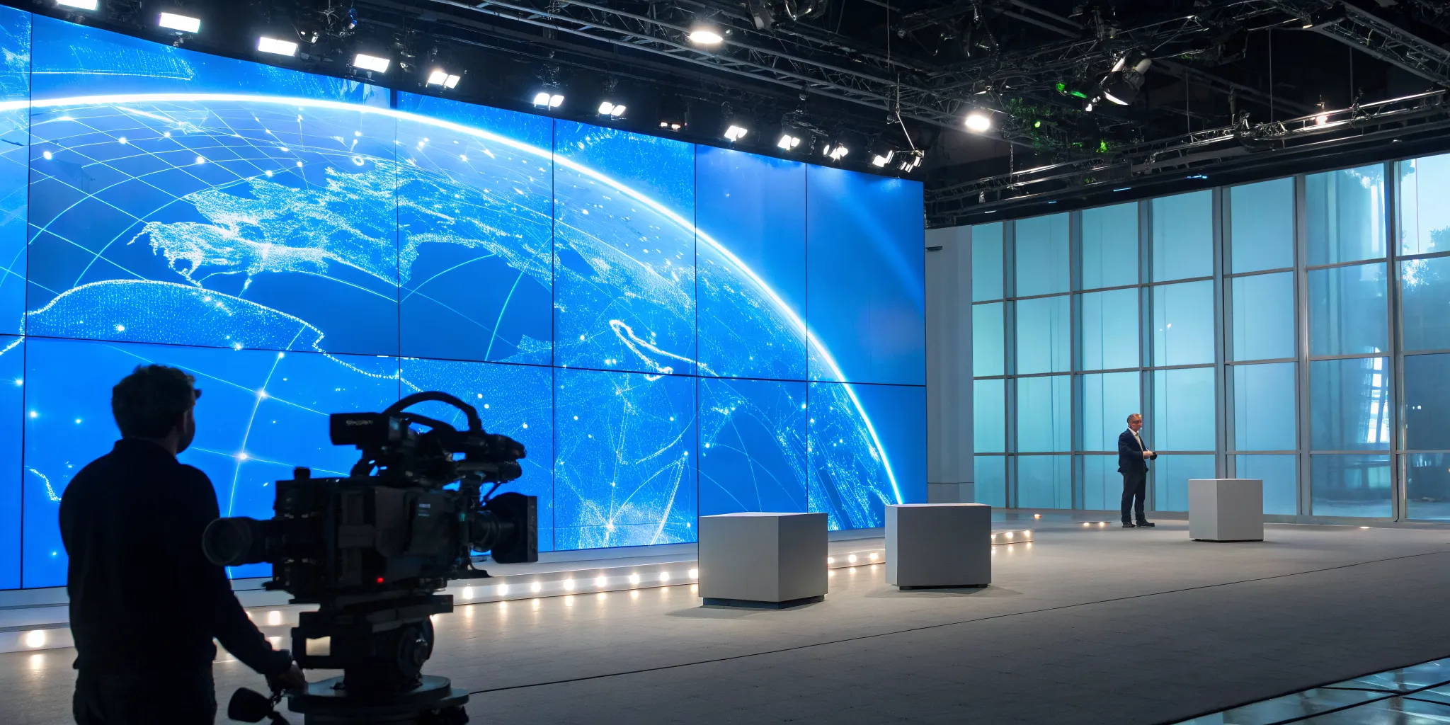 Camera crew on a virtual production set with an LED wall for franchise expansion.