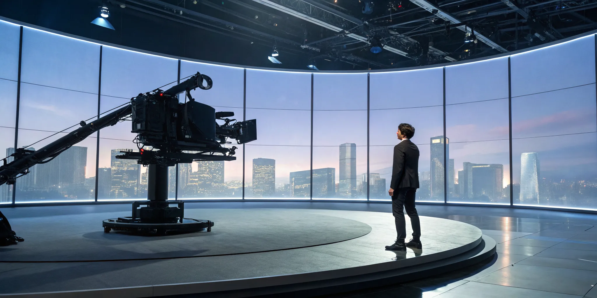 A camera on set during a virtual production workflow in filmmaking with large LED screens.