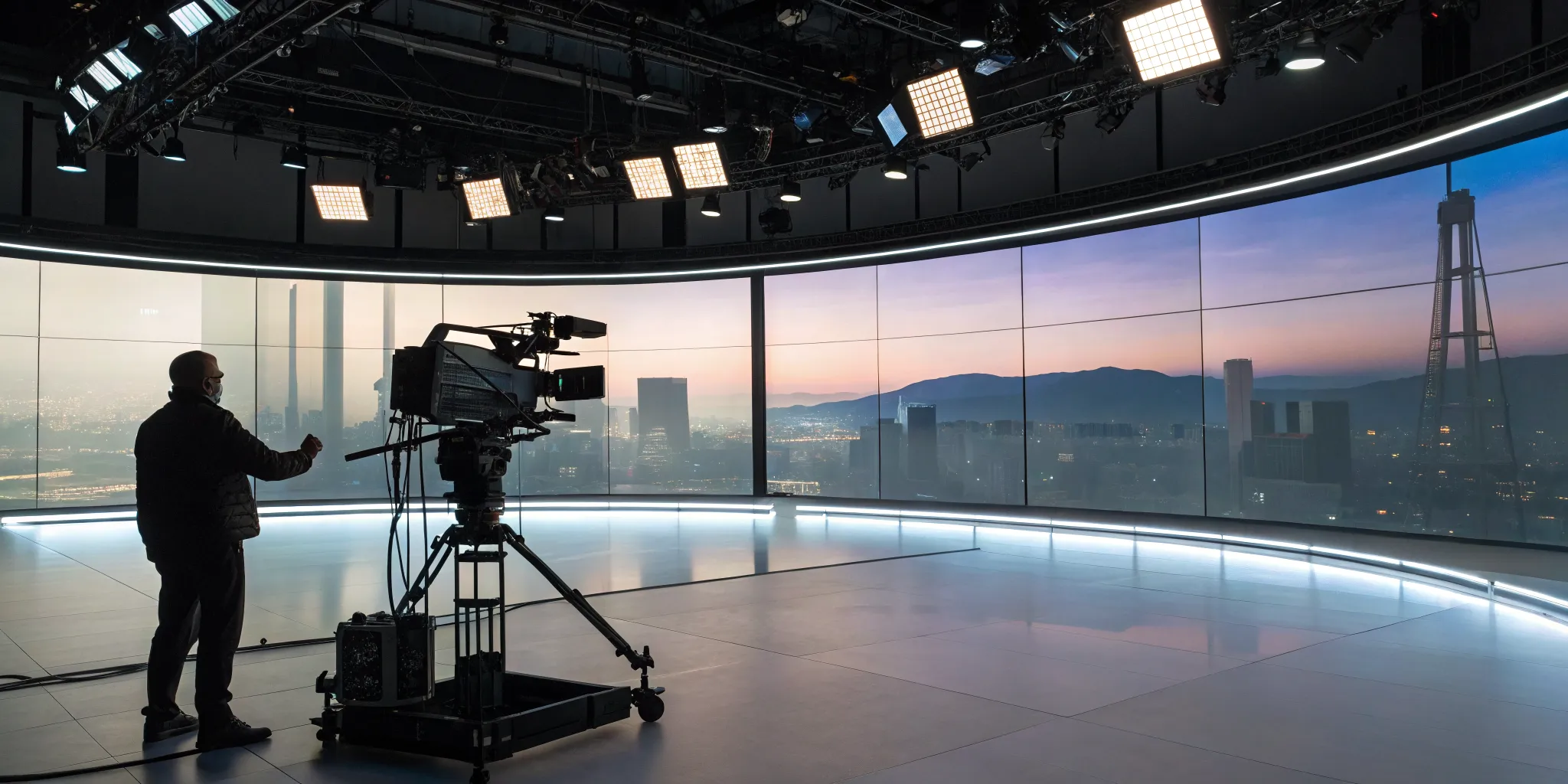 A real-time virtual production workflow with a camera operator filming on an LED volume stage.