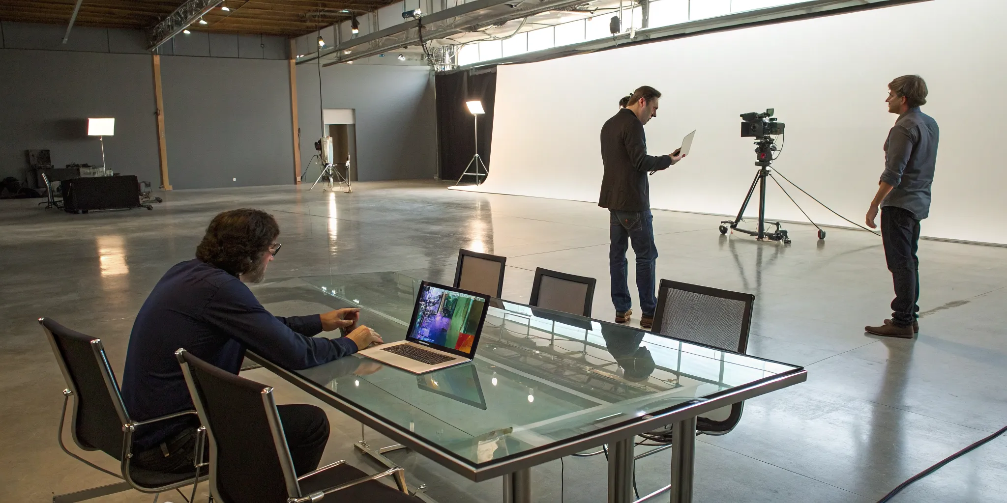 Hire virtual production artists for a modern studio with a collaborative camera setup.