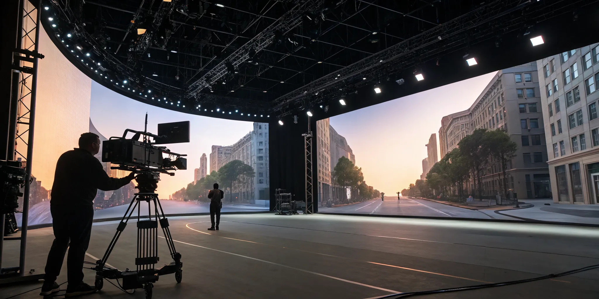 On-set virtual production stage with a camera crew filming in front of a real-time LED volume.